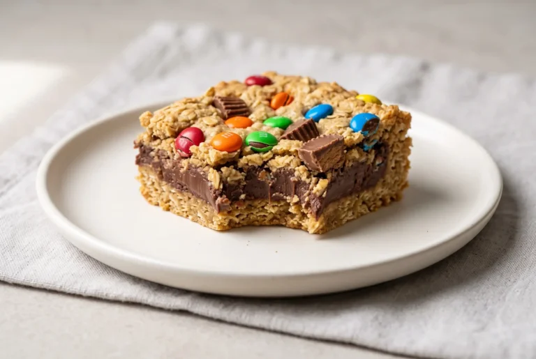 Candy fudge bars with chocolate fudge center, oatmeal layers, M&M’s, and peanut butter cups on top