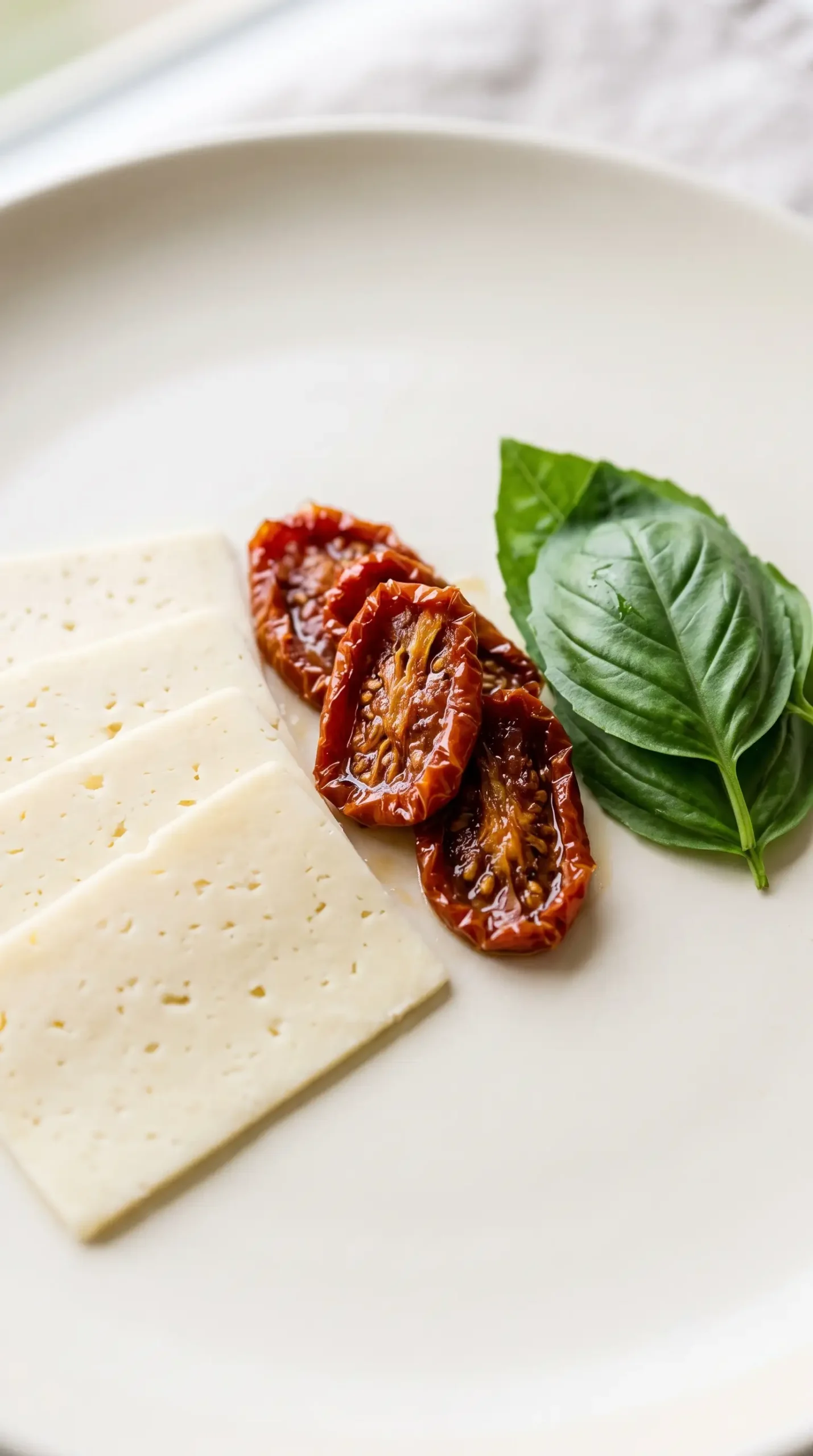 Havarti cheese, sun dried tomatoes, and fresh basil prepared for caprese chicken