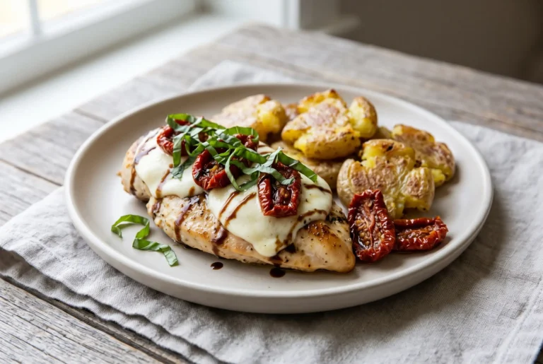 Caprese chicken with melted cheese, tomatoes, basil, balsamic reduction, and smashed potatoes on a plate