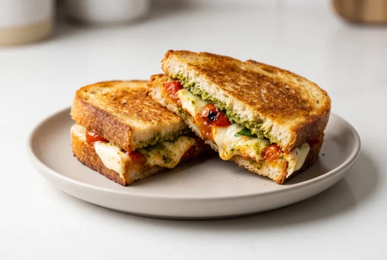 Caprese grilled cheese sandwich with melted mozzarella, pesto, and garlic butter tomato sauce