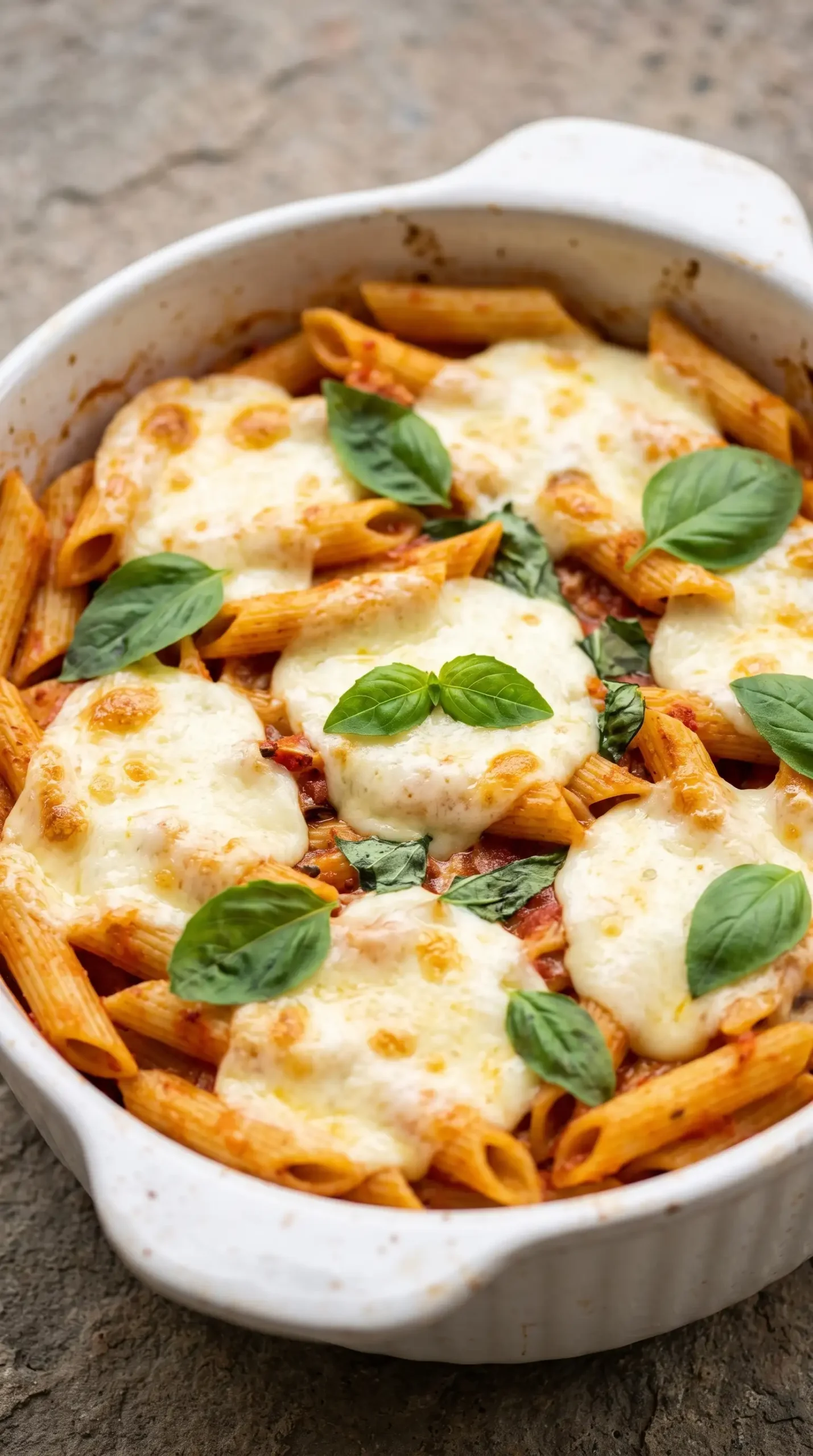 Melted mozzarella and fresh basil topping a baked Caprese penne pasta dish