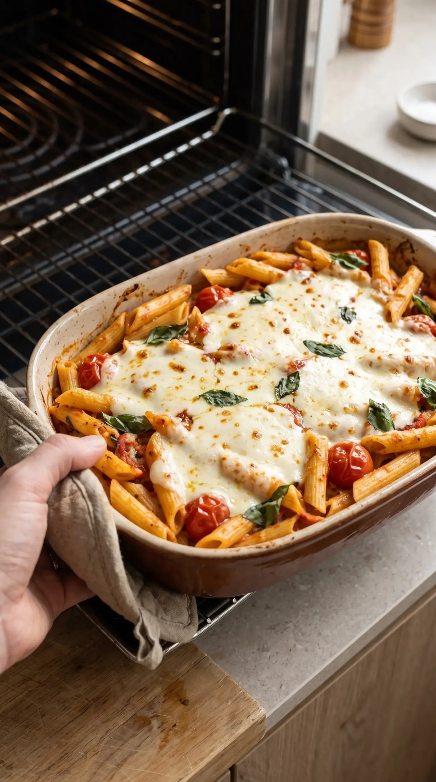 Caprese penne baking dish with melted mozzarella topping in the oven