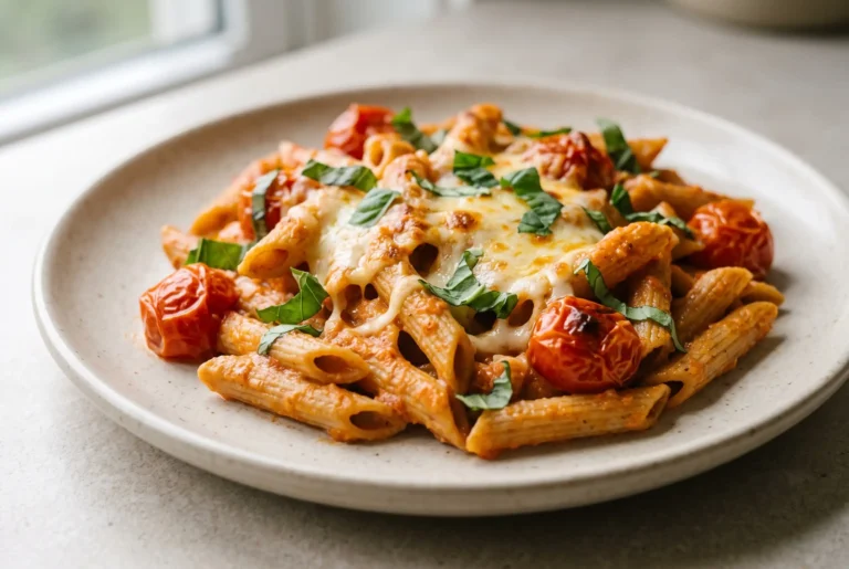 Caprese penne pasta bake with tomato sauce, mozzarella, cherry tomatoes, and fresh basil