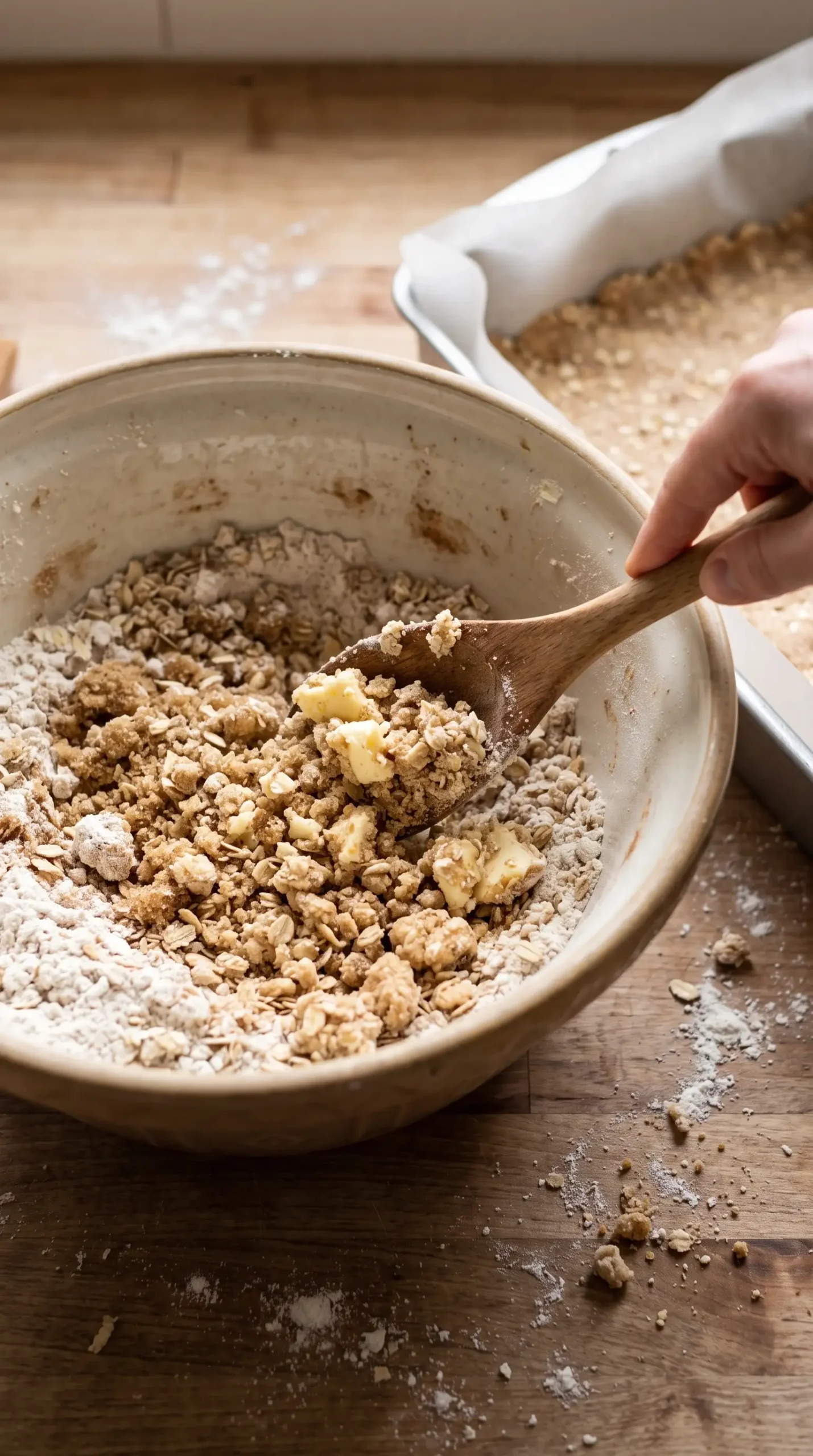 Crumb mixture being prepared for caramel apple crisp bars with a lined baking pan nearby