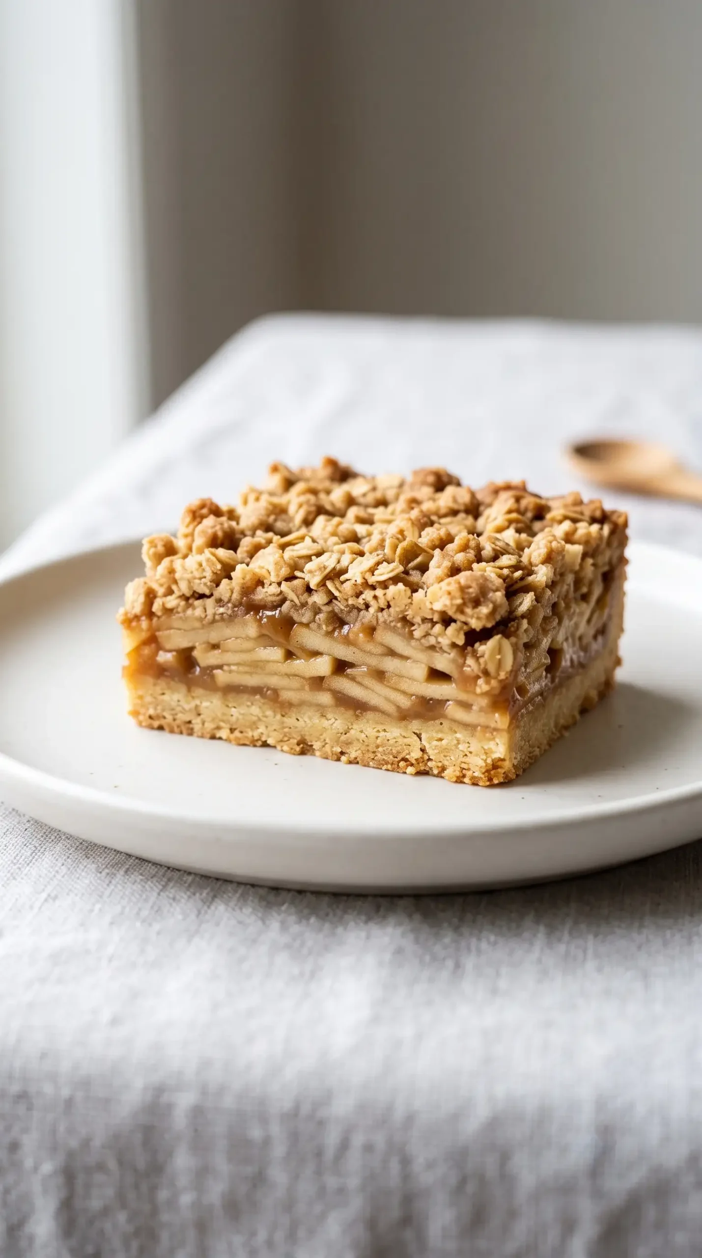 Single caramel apple crisp bar square showing crumble topping, apple filling, and caramel layers