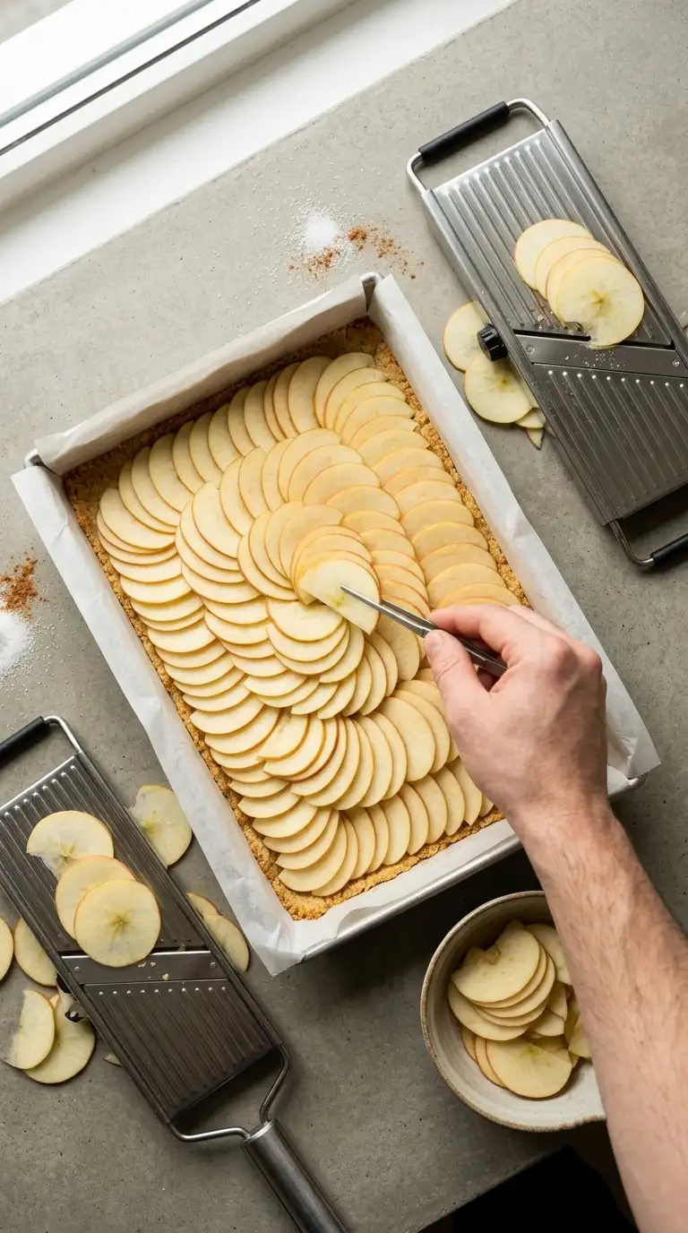 Thin apple slices layered over a baked crumble crust for caramel apple crisp bars