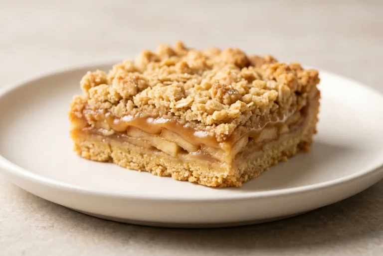 Caramel apple crisp bar with apple layers, crumble topping, and homemade caramel on a plate