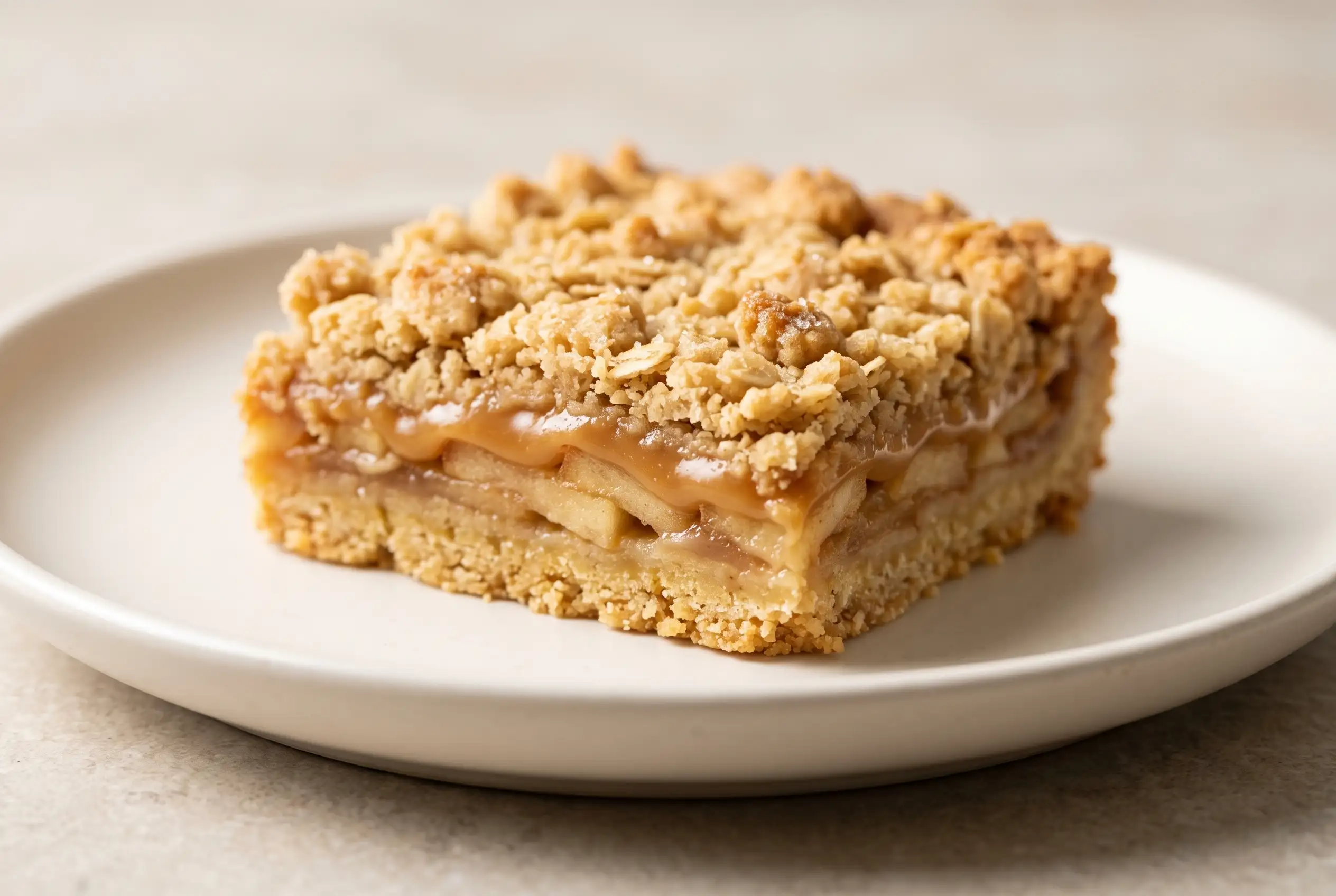 Caramel apple crisp bar with apple layers, crumble topping, and homemade caramel on a plate