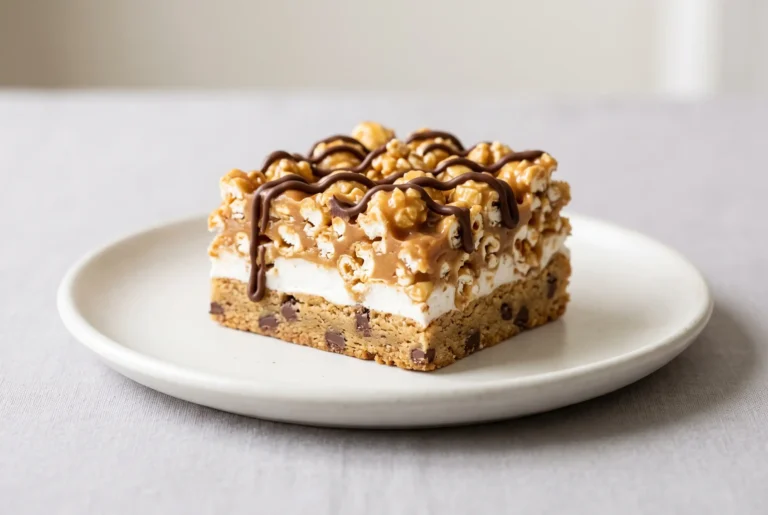 Caramel corn bar with chocolate chip cookie crust, marshmallow layer, popcorn topping, and chocolate drizzle