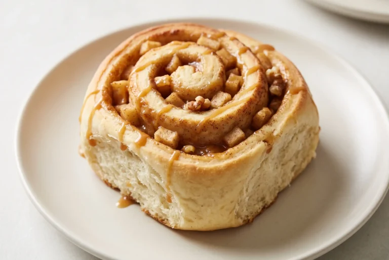 Caramel rolls with apples and walnuts showing a soft spiral roll with apple filling and caramel sauce