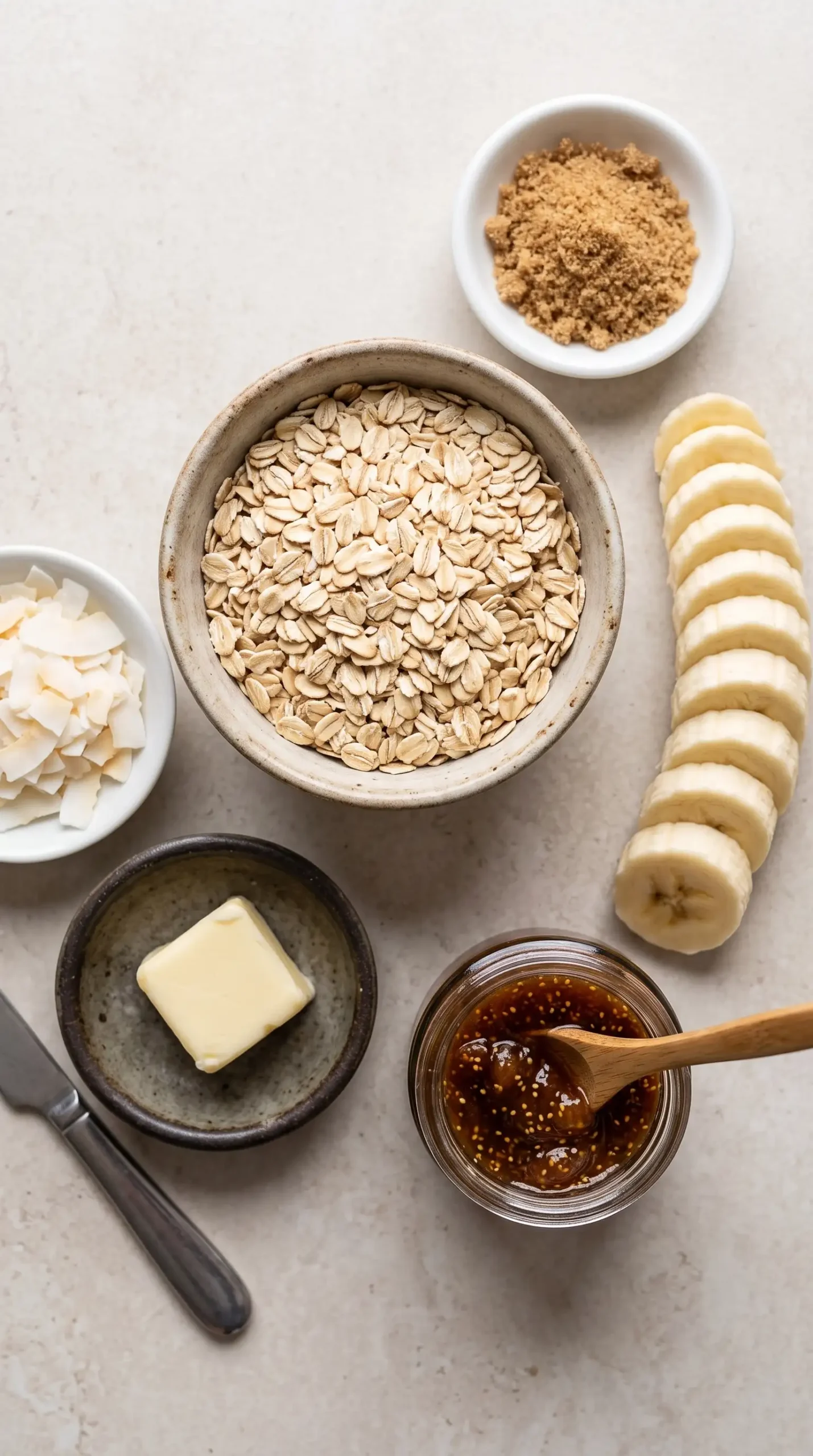 Ingredients for caramelized banana fig oatmeal with oats, banana, butter, sugar, fig preserves, and coconut