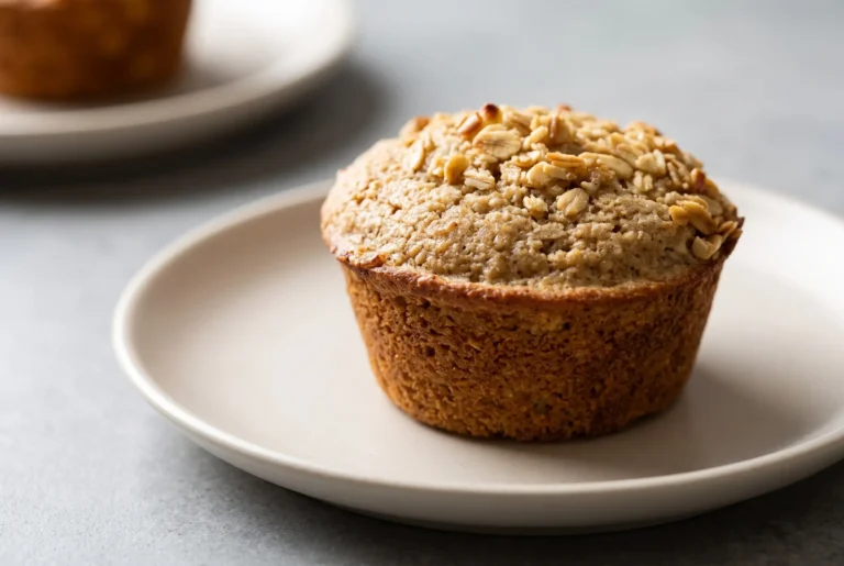 Caramelized banana oat muffin with a golden oat topping on a ceramic plate