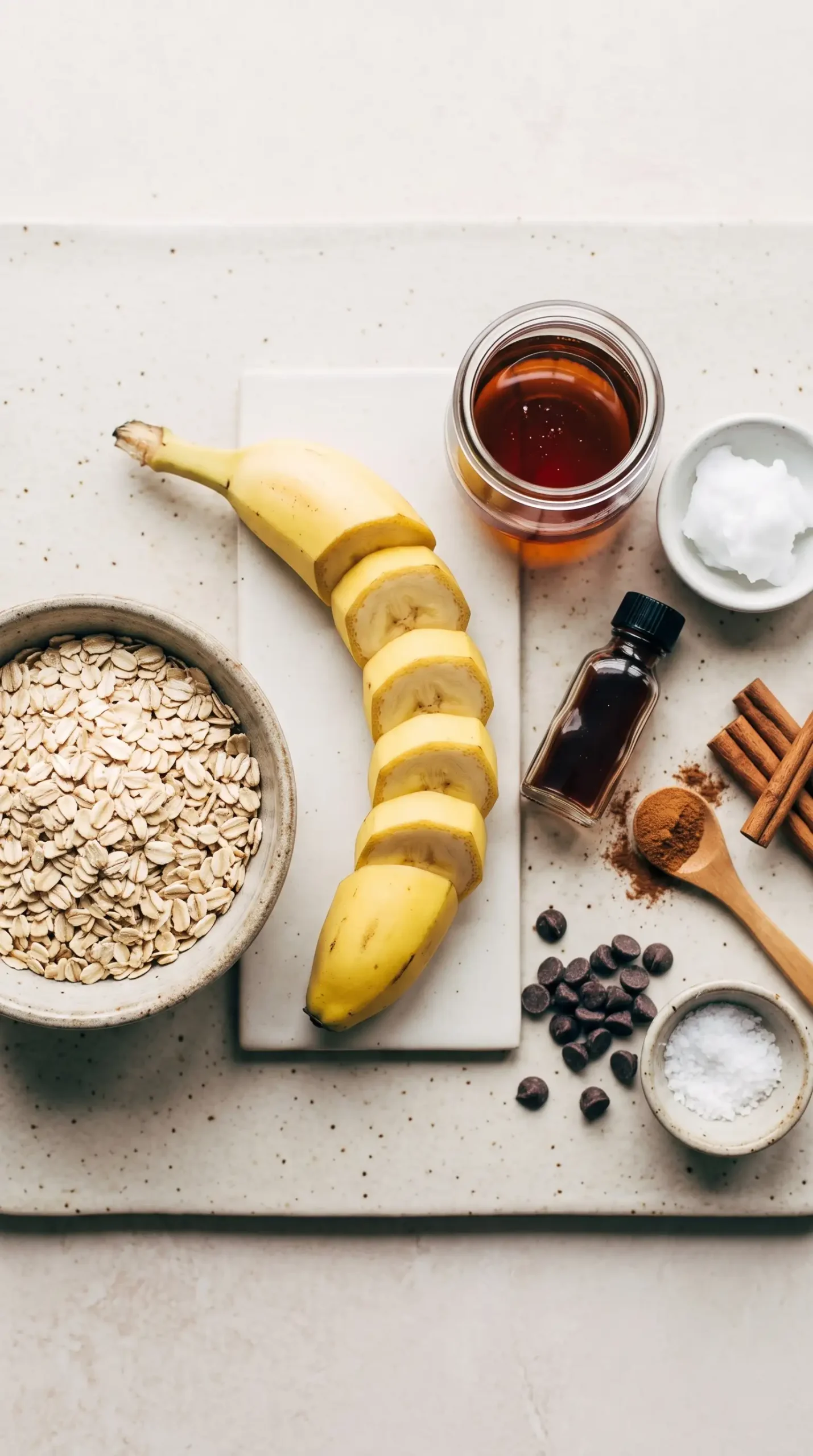 Rolled oats, bananas, maple syrup, coconut oil, cinnamon, and toppings for oatmeal