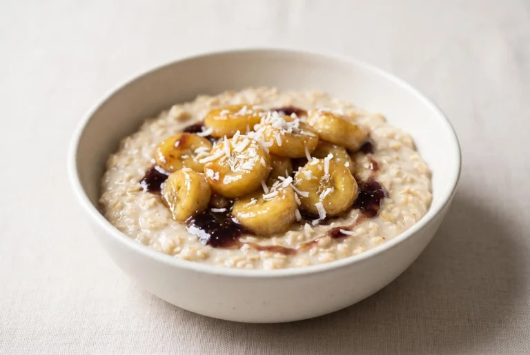 Caramelized banana oatmeal topped with glazed banana slices, fig drizzle, and coconut in a ceramic bowl