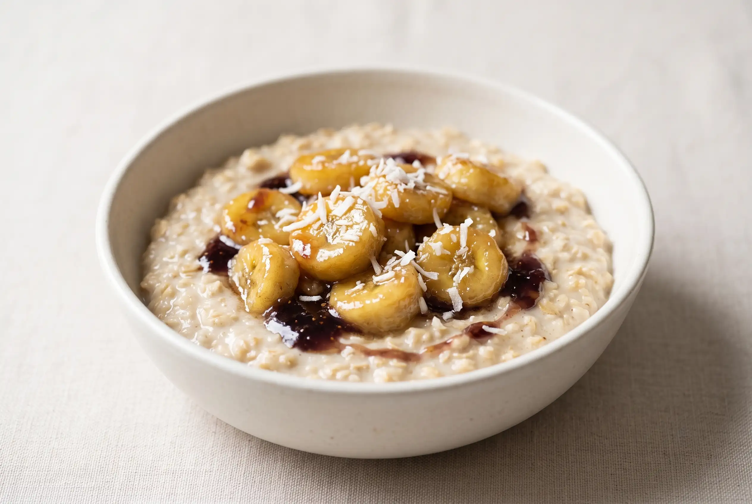 Caramelized banana oatmeal topped with glazed banana slices, fig drizzle, and coconut in a ceramic bowl