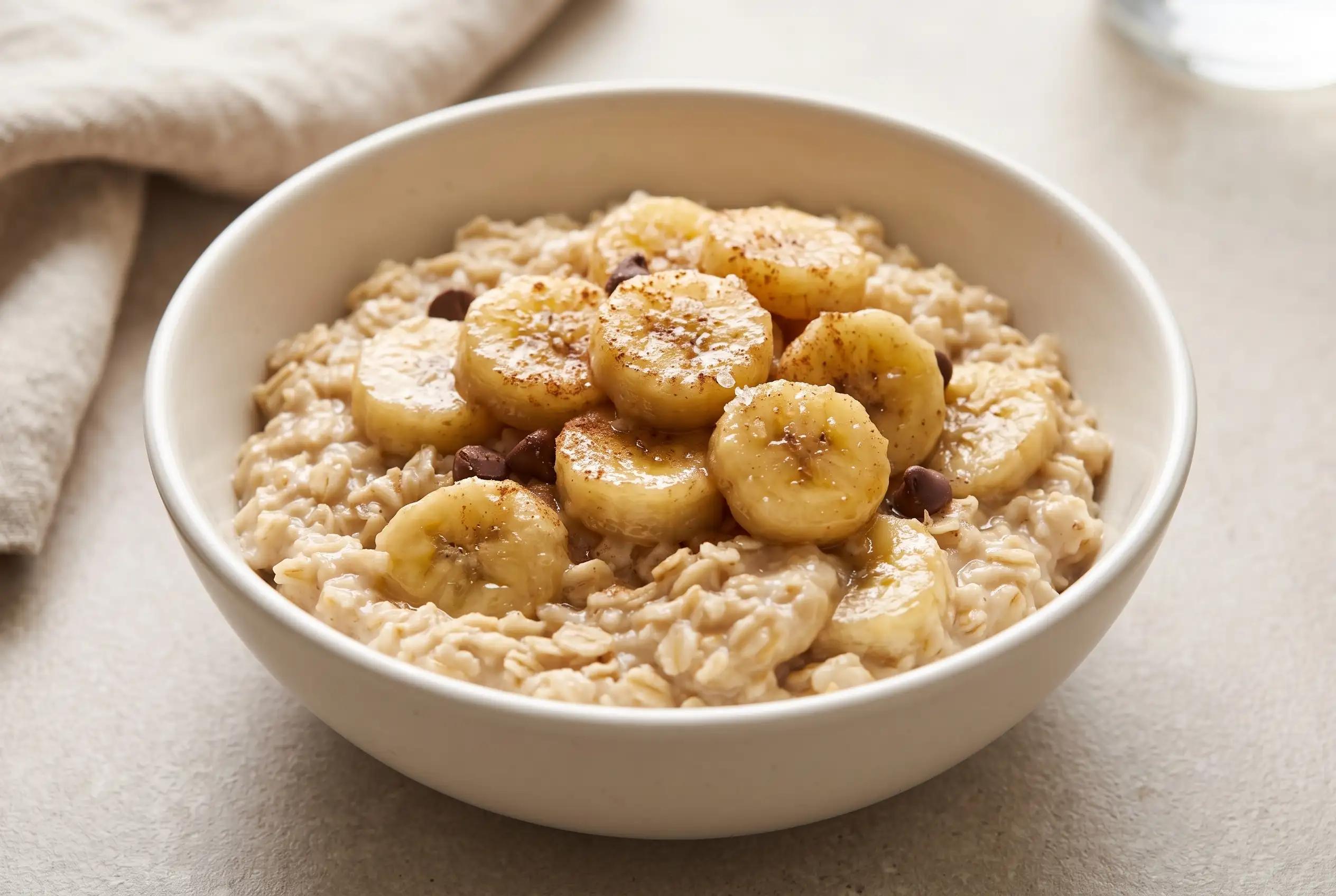 Caramelized banana oatmeal with creamy oats and maple-coated banana slices in a bowl
