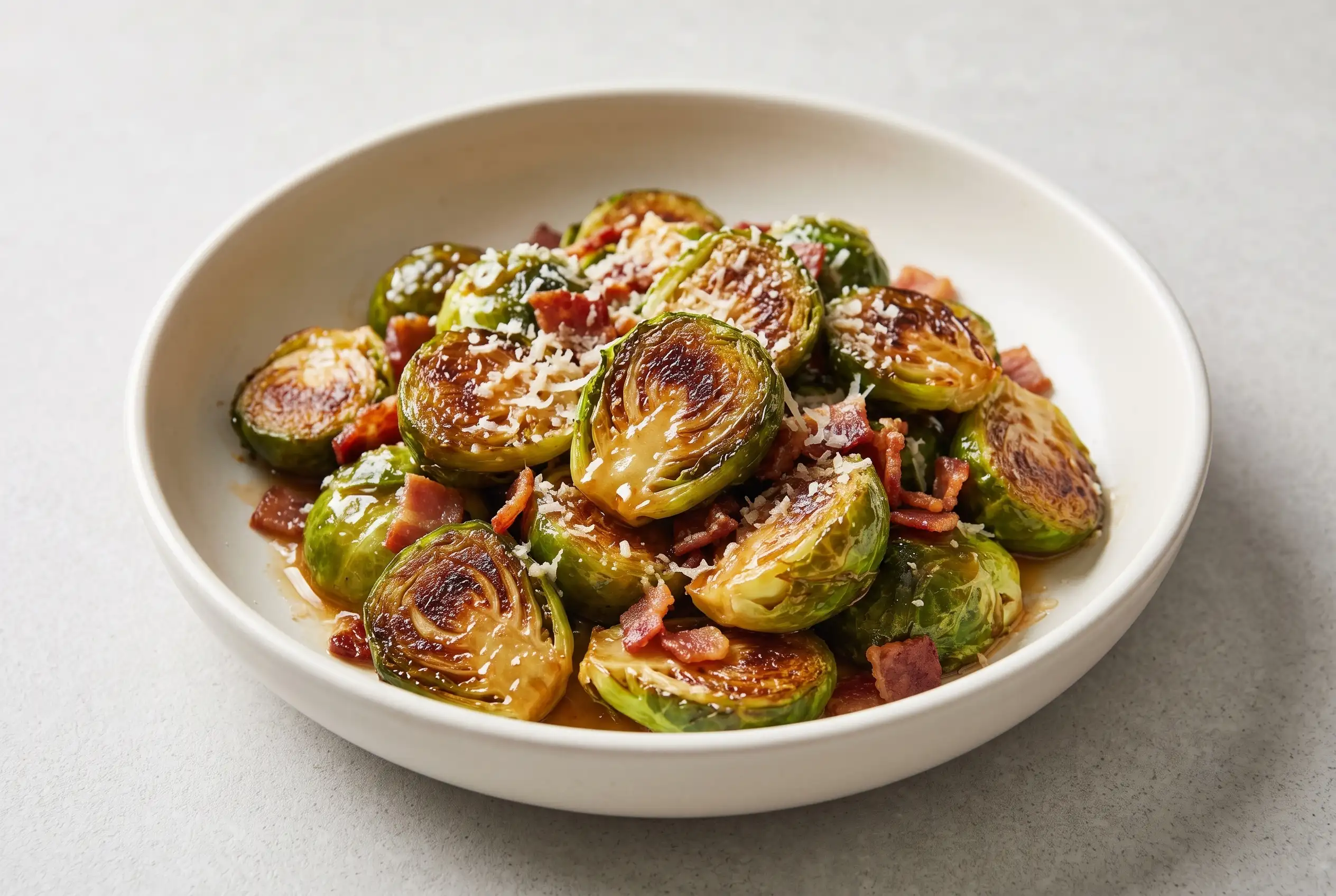 Caramelized Brussels sprouts with maple orange sauce, bacon, and Parmesan in a bowl