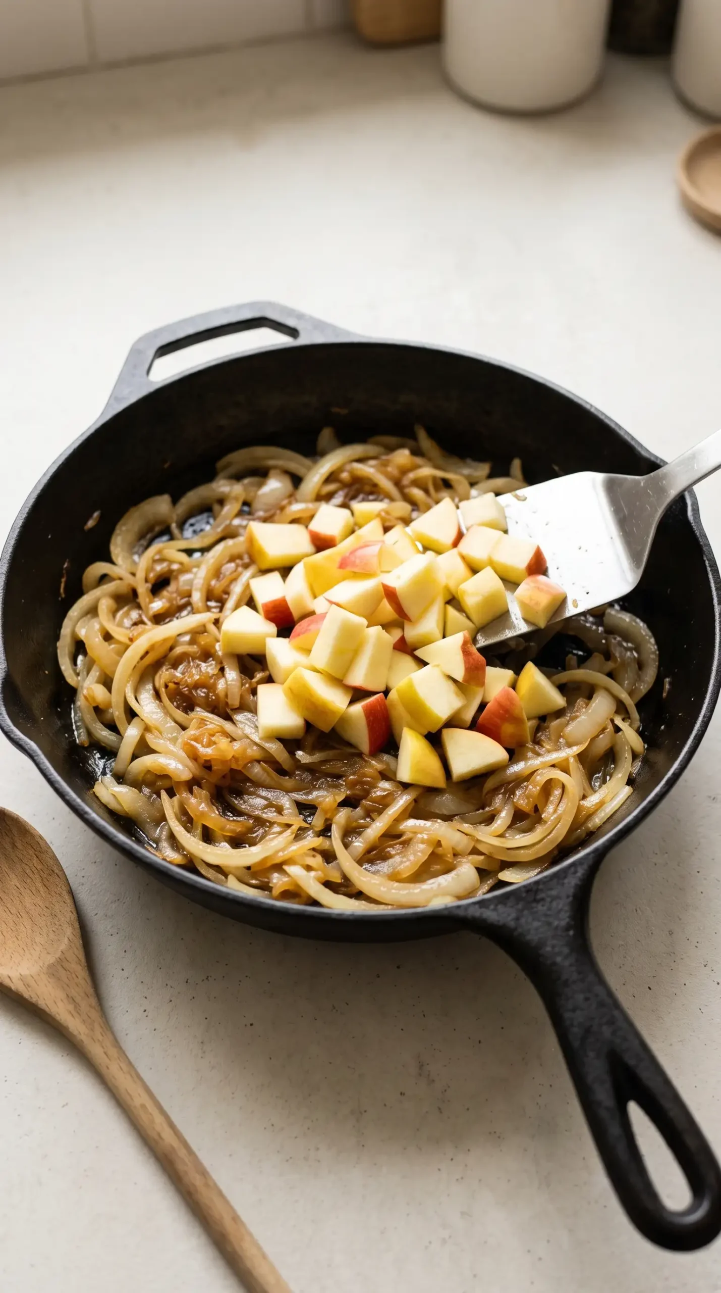 Caramelized onions and chopped apples prepared for butternut squash mac and cheese