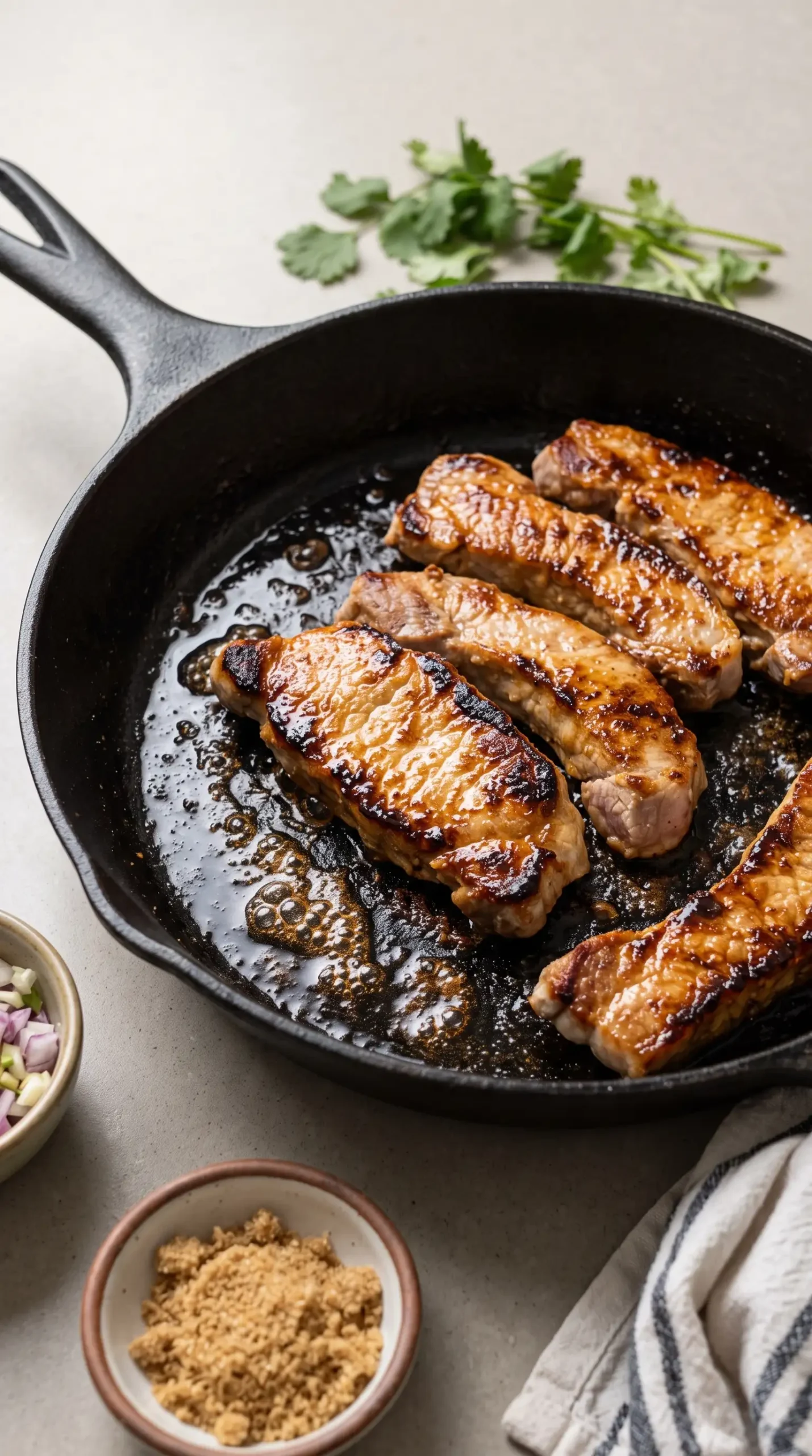 Pork loin strips browning in a skillet during the caramelization step