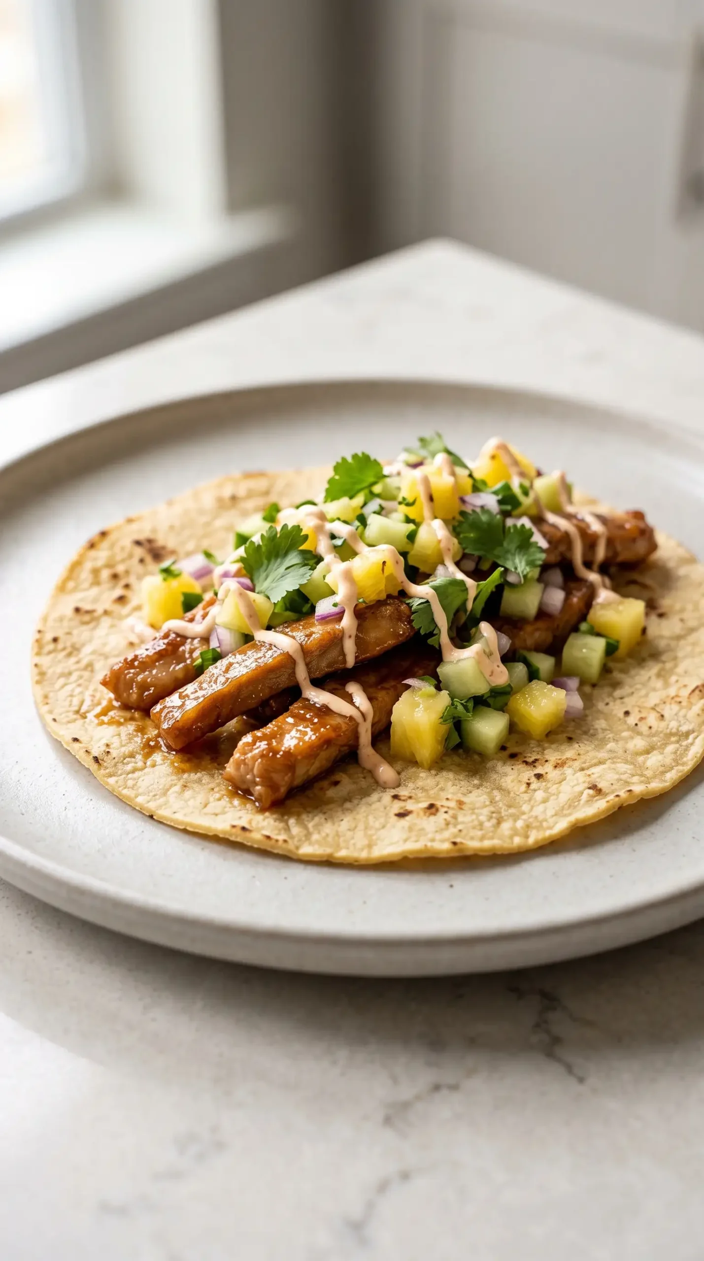 Caramelized pork taco filled with browned pork, pineapple cucumber salsa, cilantro, and chili sauce