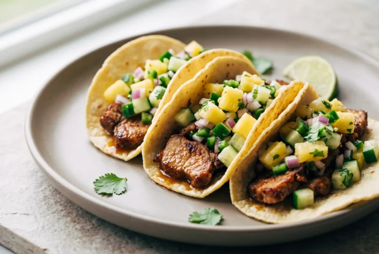 Caramelized pork tacos with pineapple salsa, cilantro, lime, and creamy chili sauce on a plate