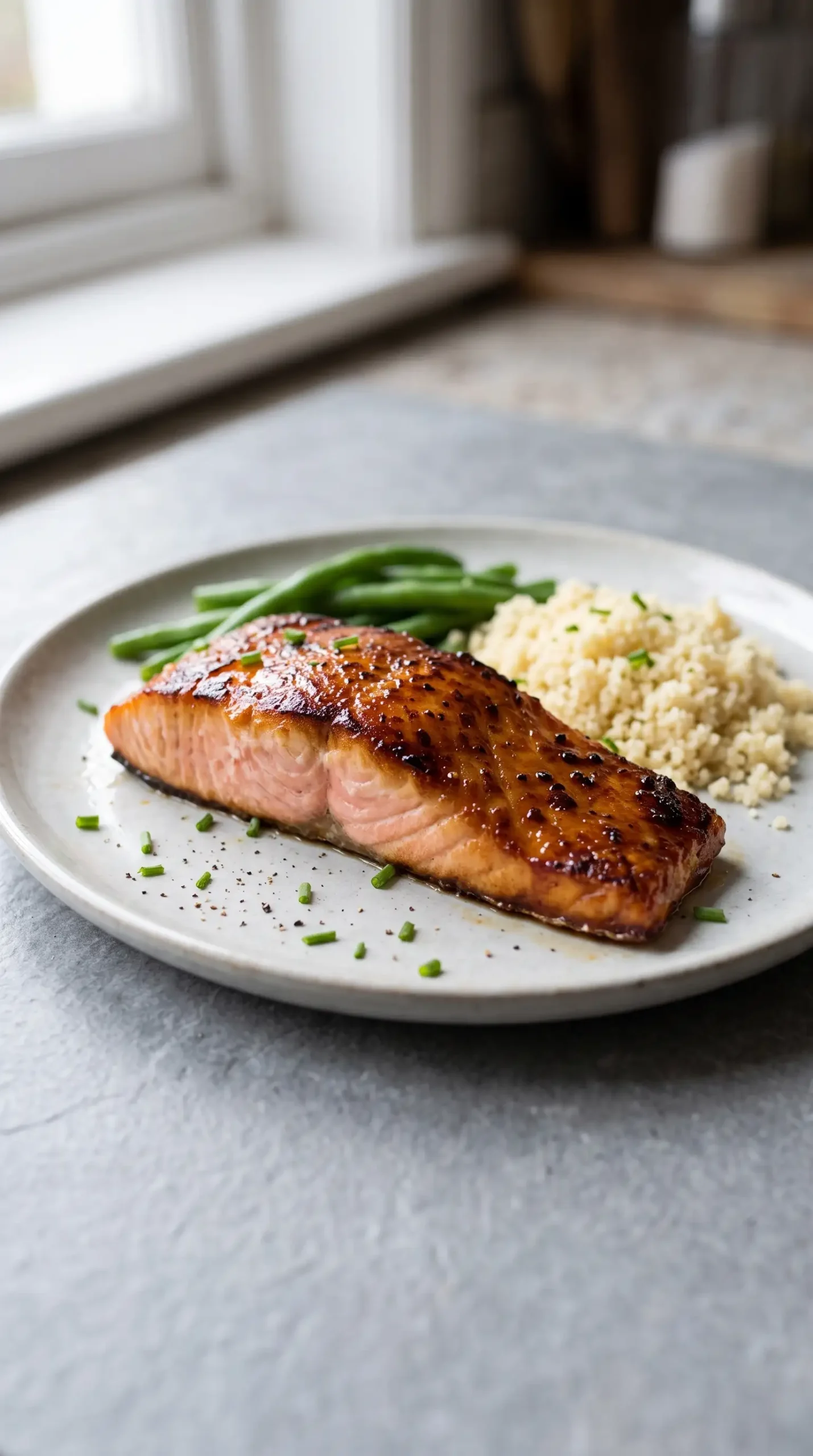 Caramelized salmon fillet served with a golden crust and simple side dishes