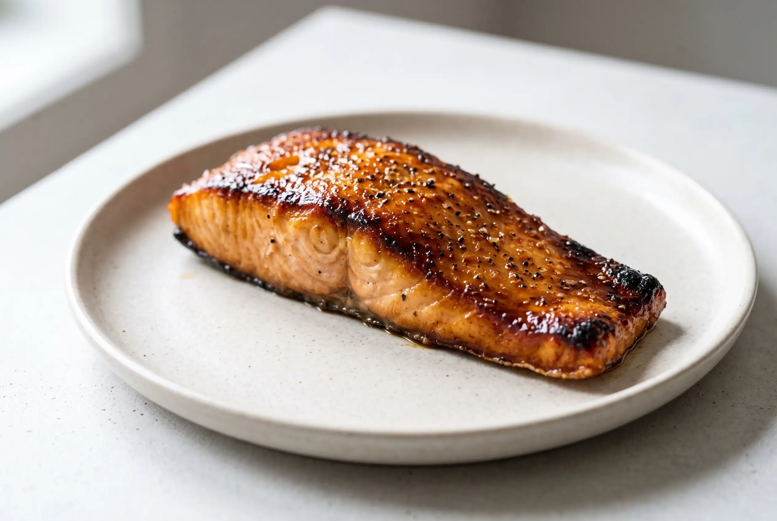 Caramelized salmon fillet with a browned sweet savory crust on a ceramic plate