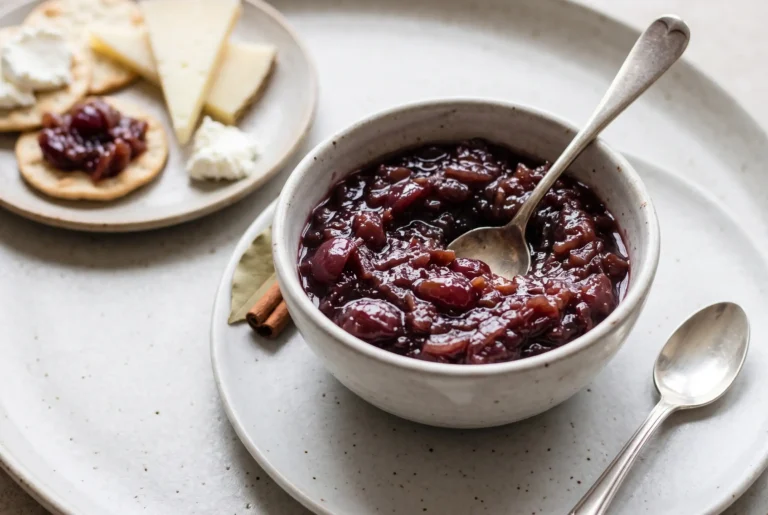 Shallot grape chutney served in a bowl with crackers, Manchego, and goat cheese.
