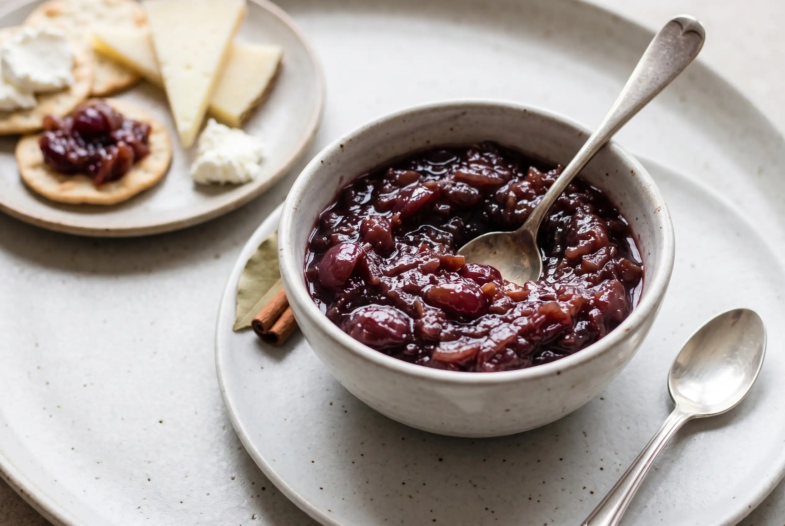 Shallot grape chutney served in a bowl with crackers, Manchego, and goat cheese.