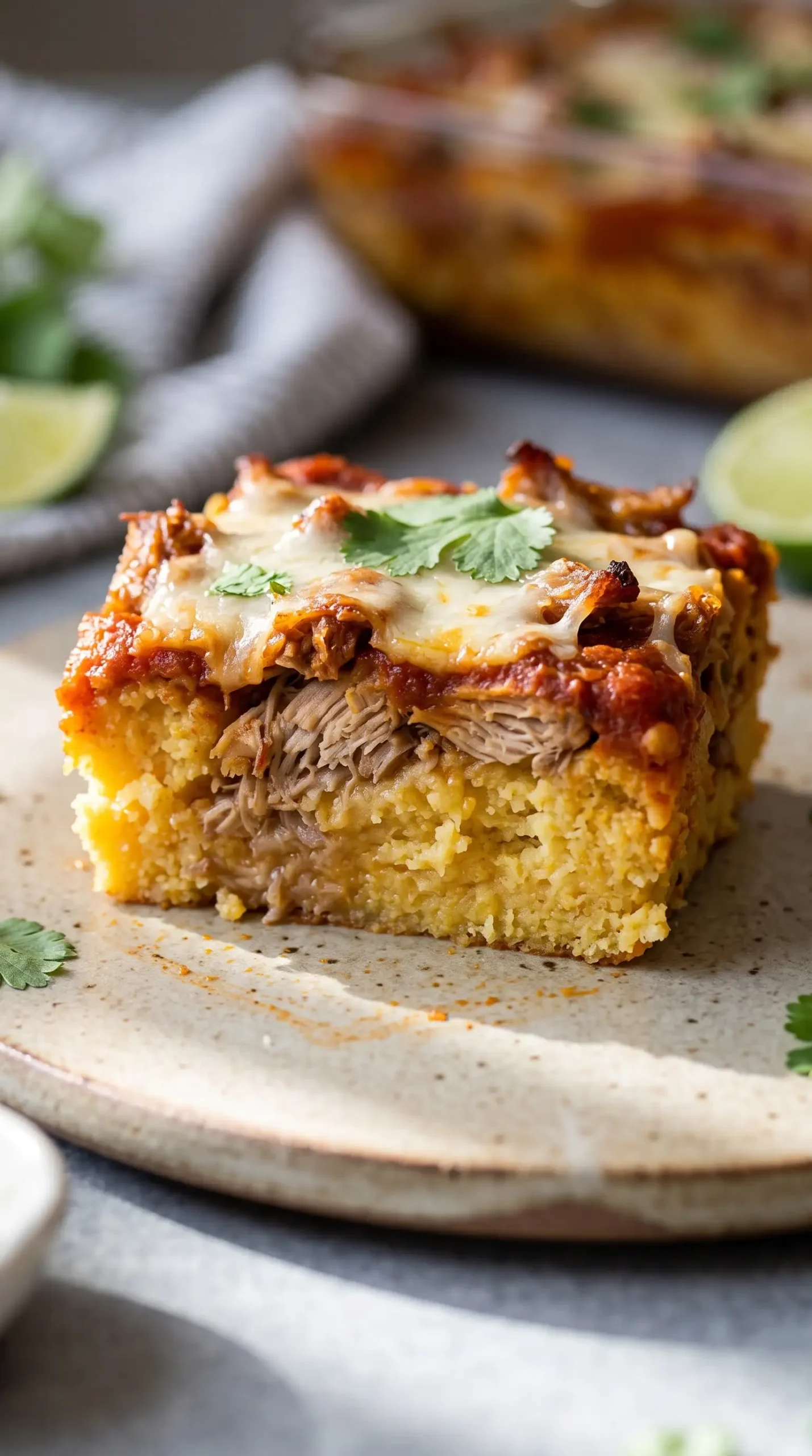Sliced carnitas tamale pie showing cornmeal, pork, enchilada sauce, and cheese layers