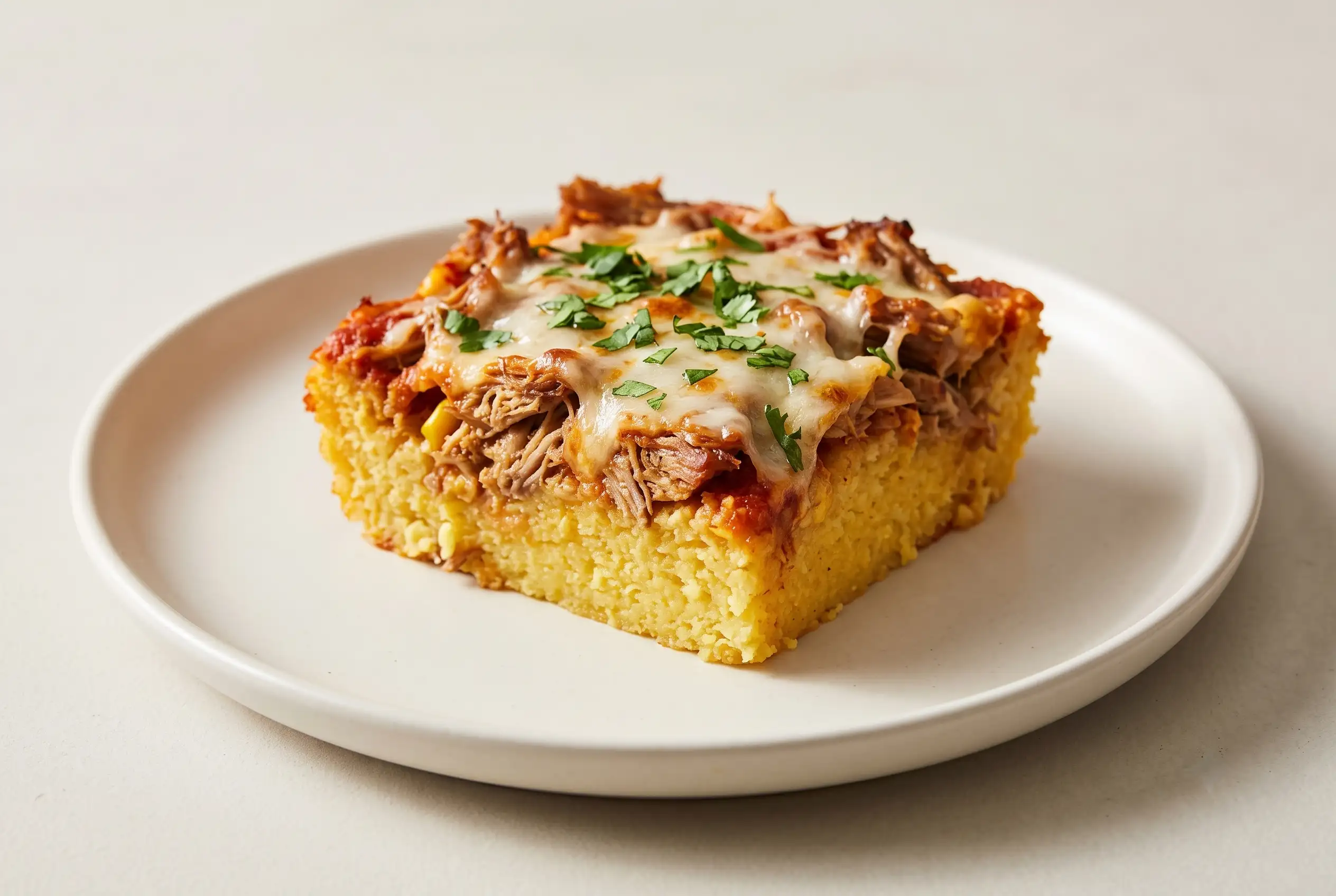 Carnitas tamale pie slice with cornmeal base, enchilada sauce, cheese, and cilantro