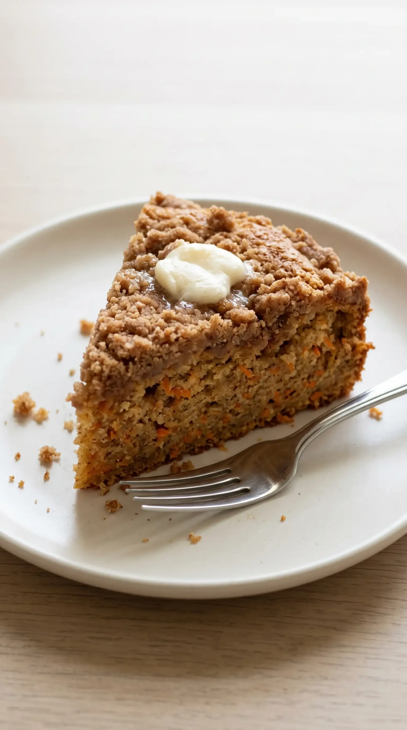 Served slice of carrot cake coffee cake with soft crumb, cinnamon streusel, and honey butter.