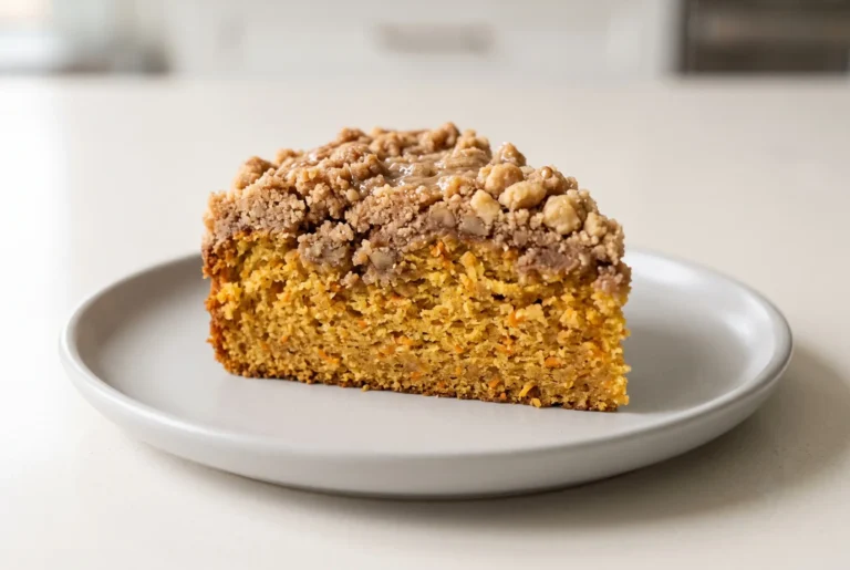 Slice of carrot cake coffee cake with cinnamon streusel topping showing a moist carrot-filled crumb.