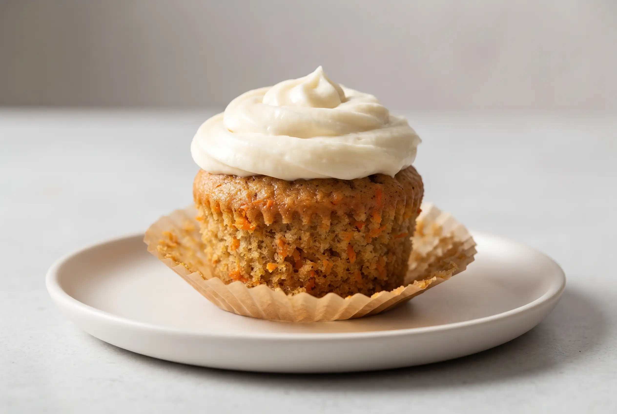 Carrot cake cupcake topped with homemade cream cheese frosting on a plate