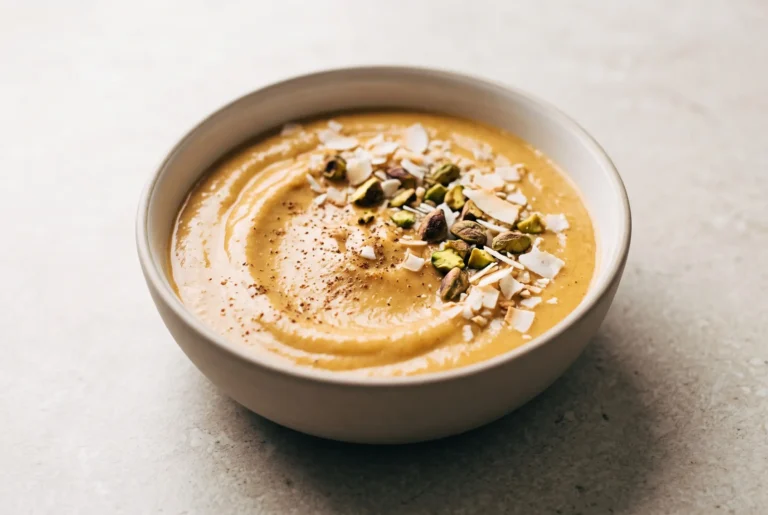 Carrot cake smoothie bowl with creamy orange base, pistachios, and toasted coconut toppings