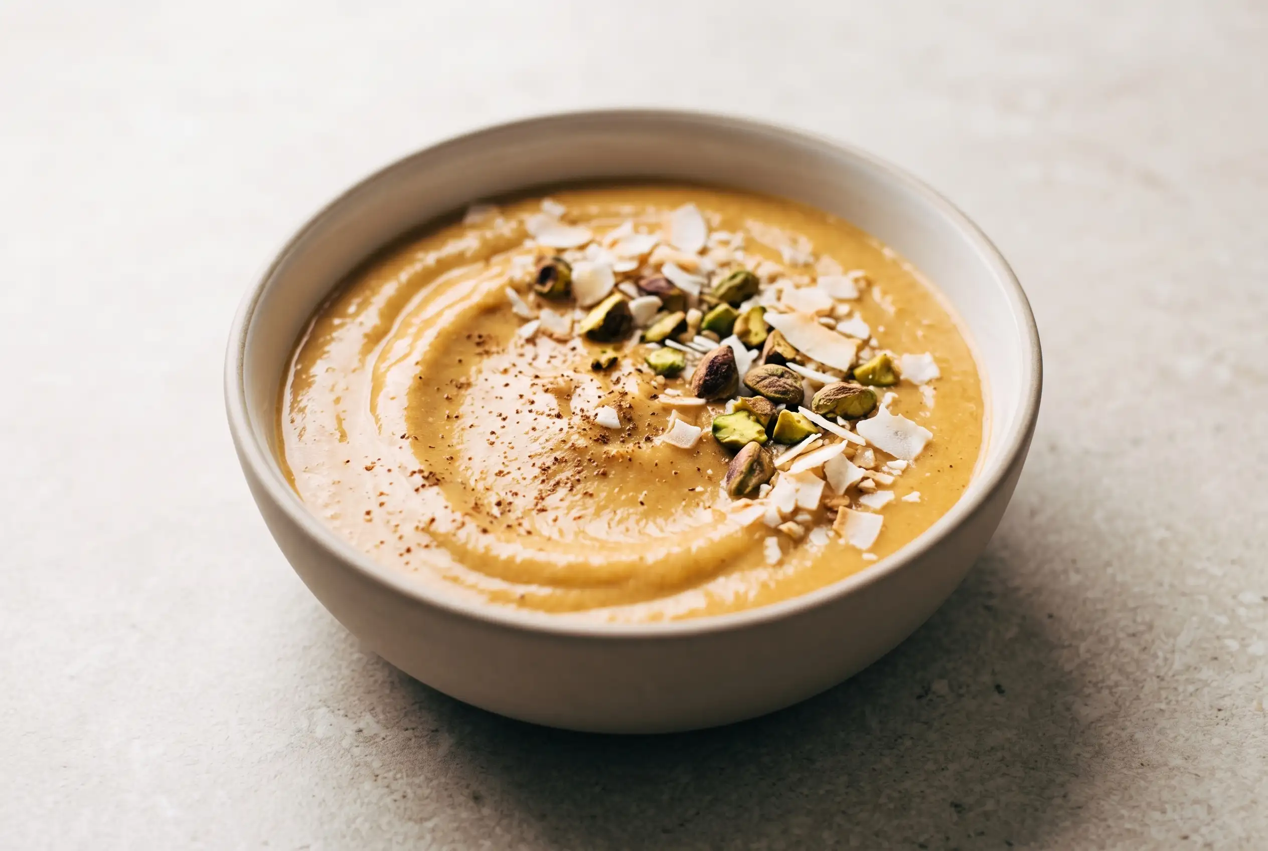 Carrot cake smoothie bowl with creamy orange base, pistachios, and toasted coconut toppings
