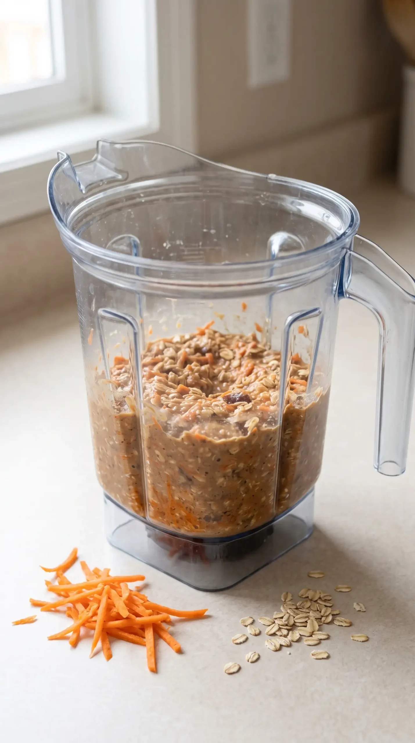 Chunky carrot muffin batter blended with oats, carrots, dates, and cinnamon