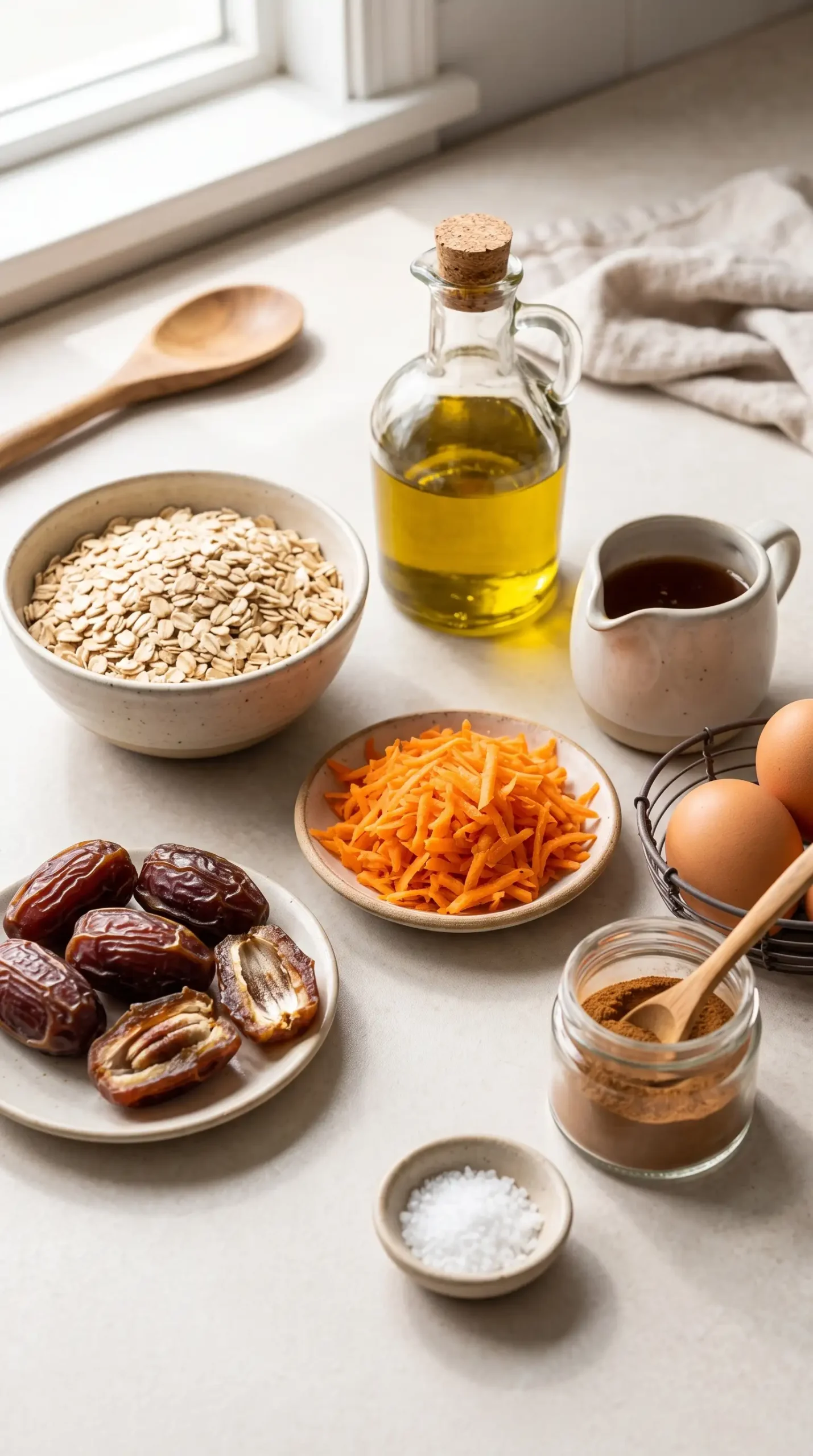 Rolled oats, dates, shredded carrots, eggs, and cinnamon for carrot muffins