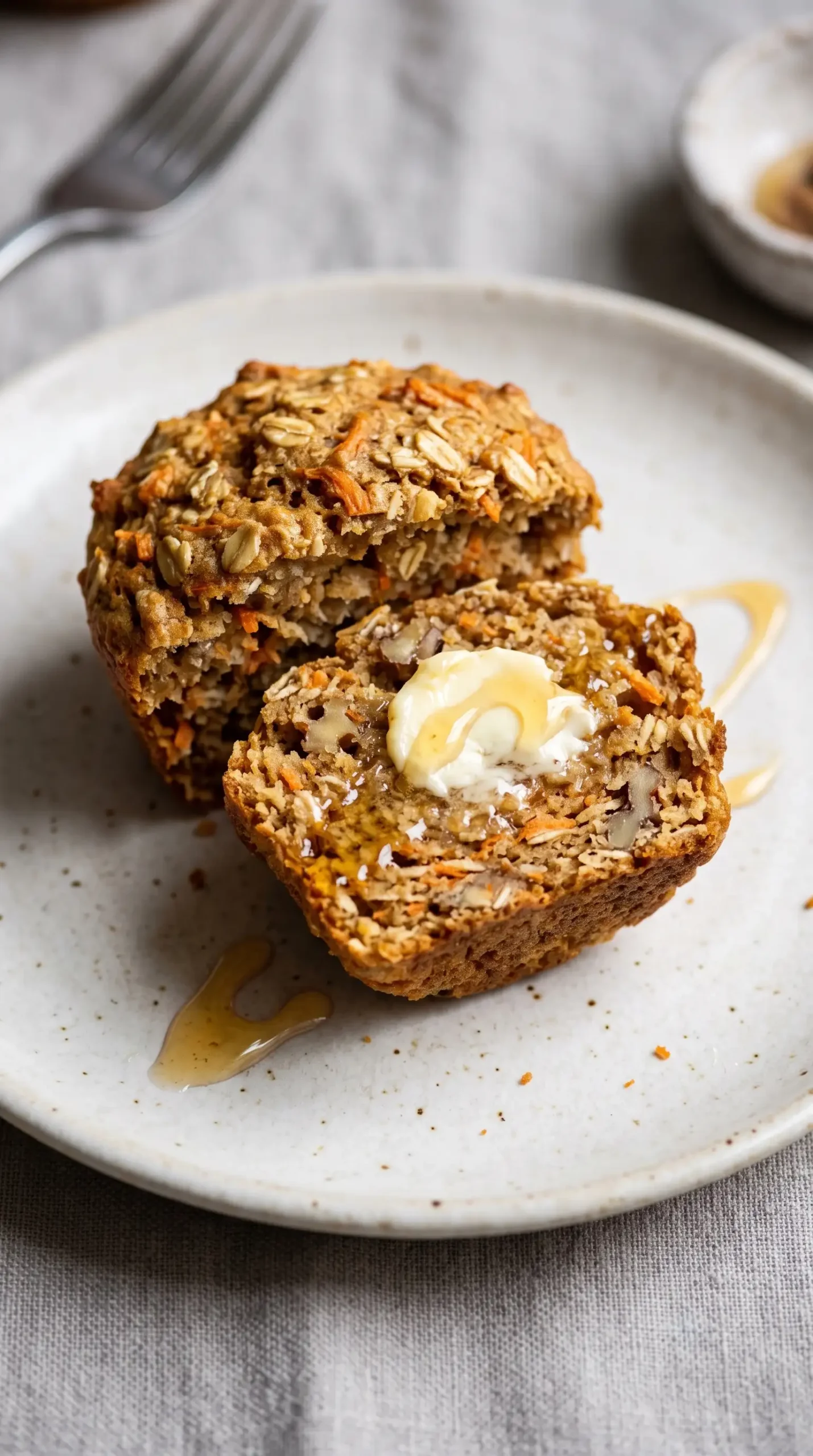 Fresh carrot muffin served with butter and honey on a ceramic plate