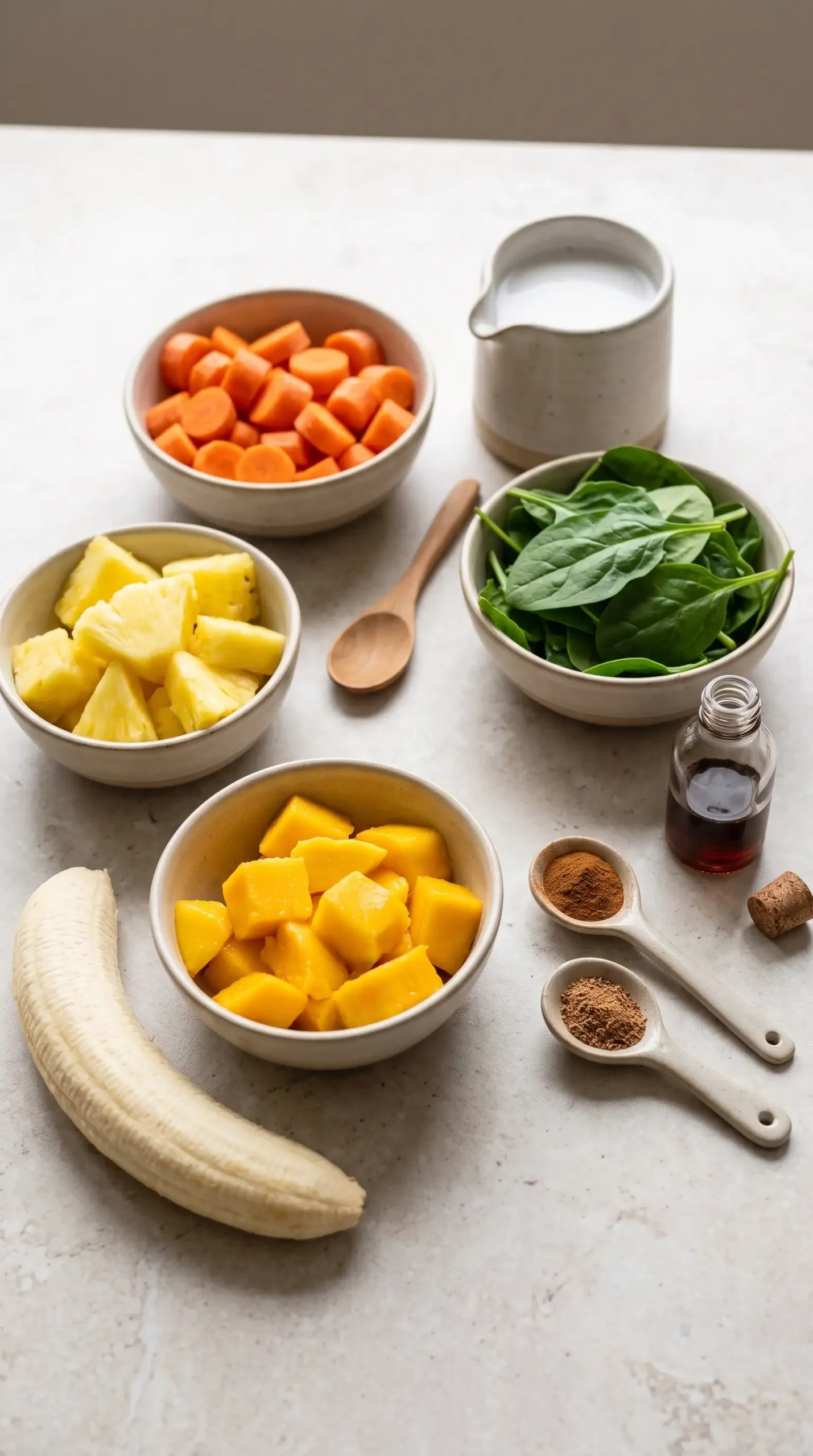 Carrots, pineapple, banana, spinach, coconut milk, and spices for a smoothie bowl