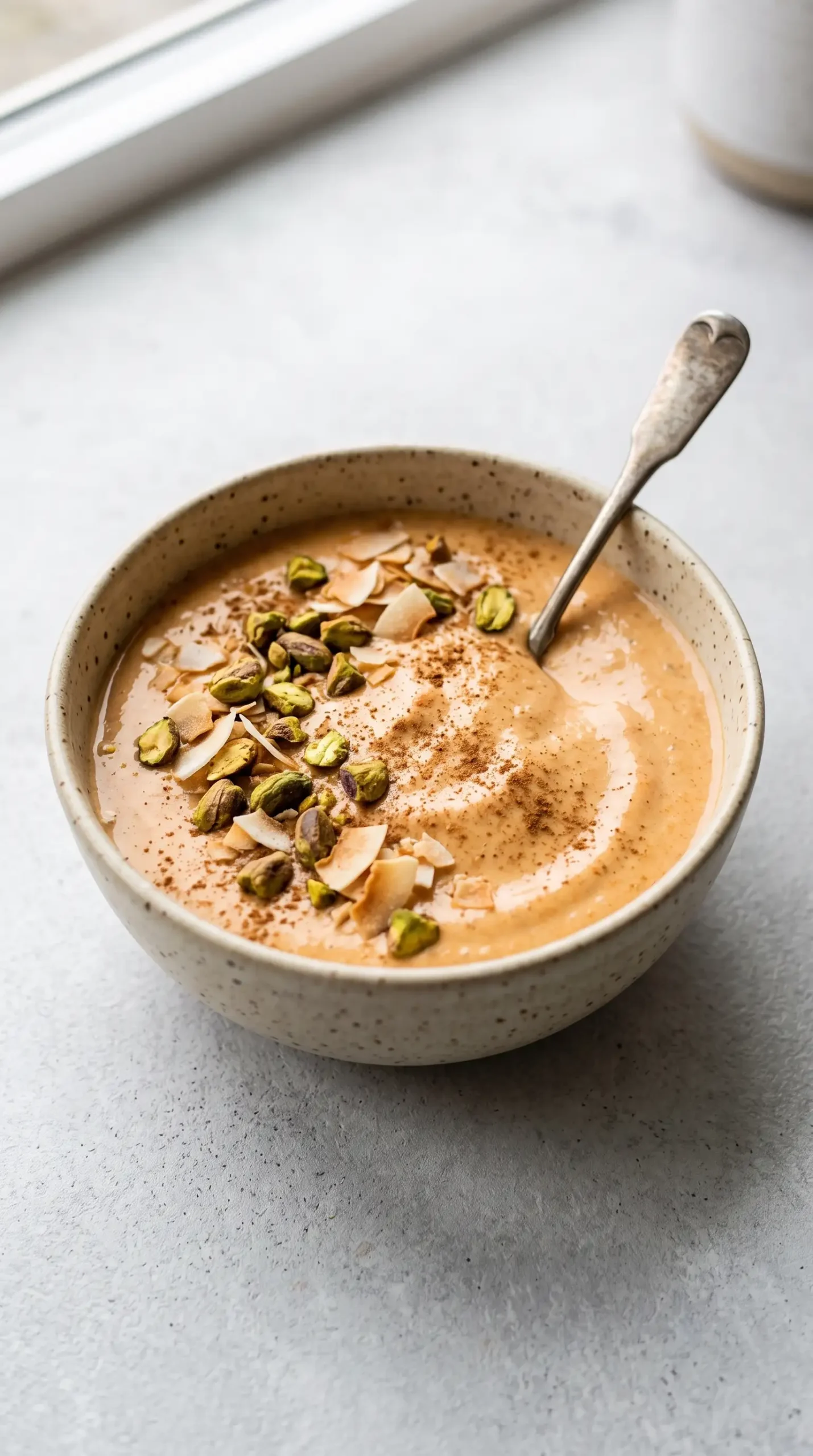 Finished carrot cake smoothie bowl topped with pistachios and toasted coconut flakes