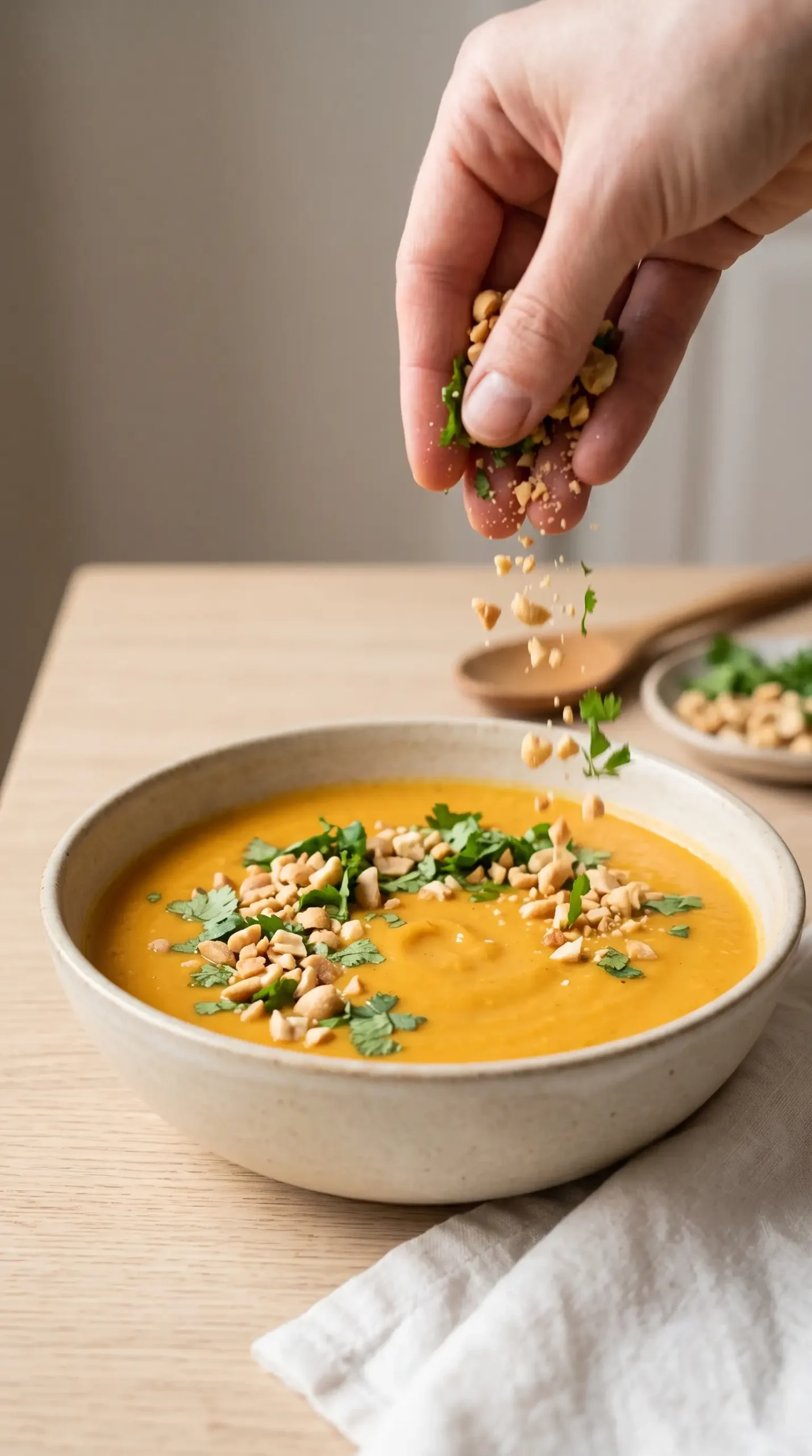 Adding cilantro and crushed peanuts to a bowl of coconut curry carrot soup