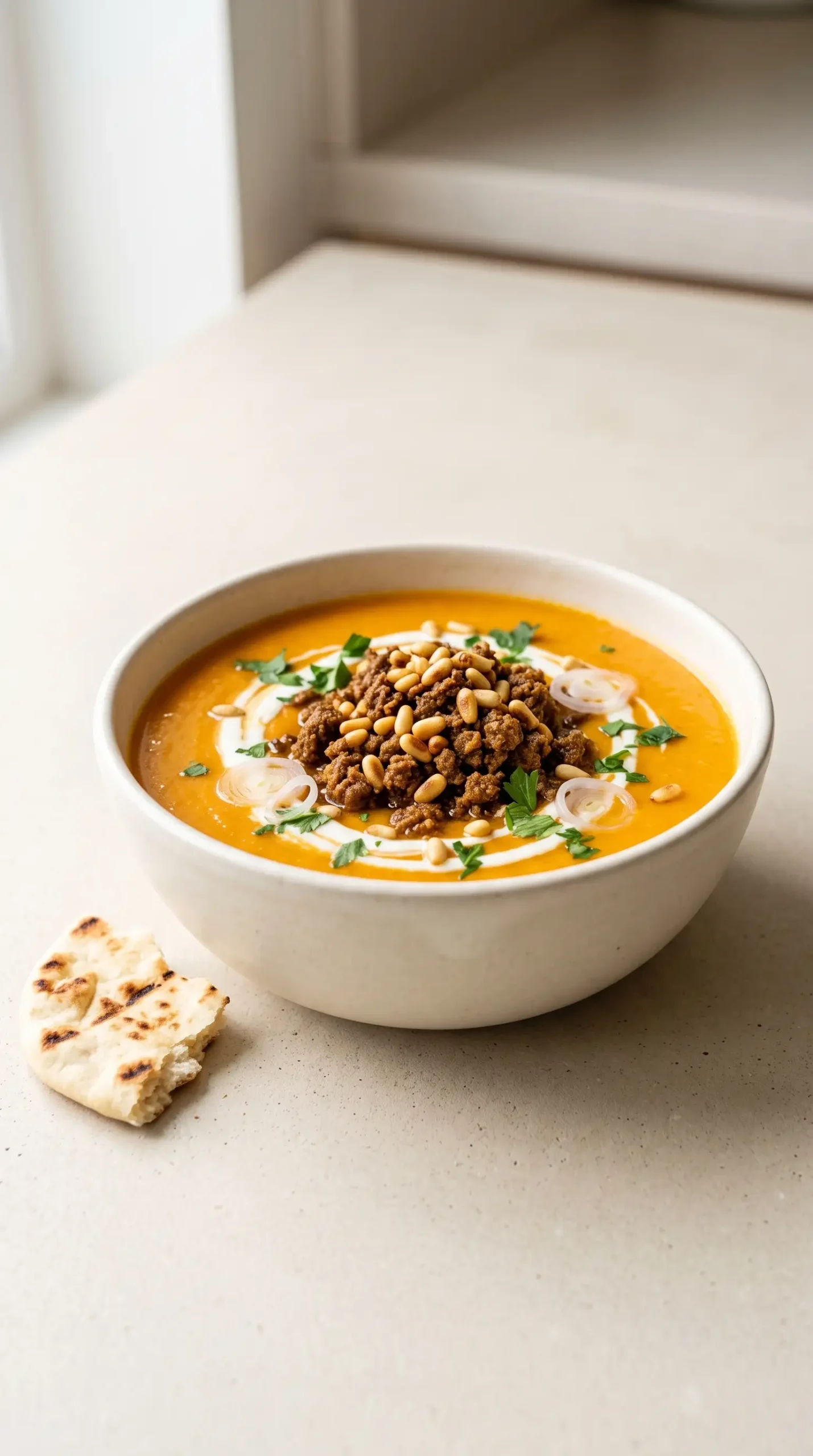 Bowl of carrot soup topped with spiced ground beef, pine nuts, parsley, shallot, and yogurt