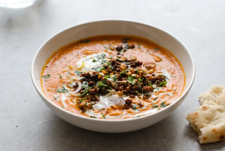 Carrot soup with spiced ground beef, pine nuts, parsley, yogurt, and shallot topping