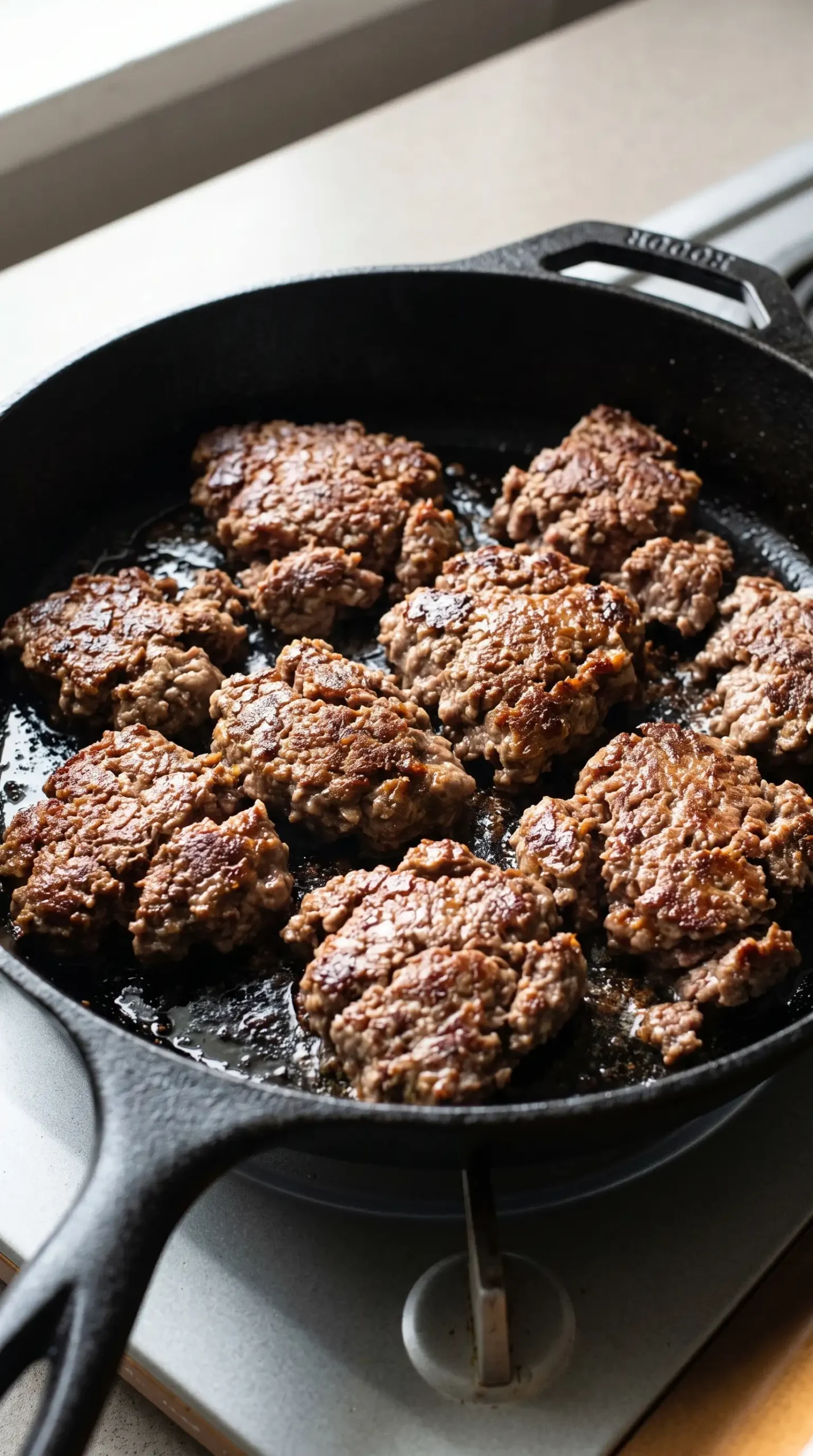 Ground beef searing in a cast iron skillet with browned edges