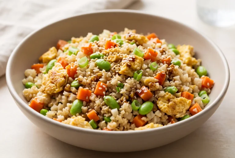 Cauliflower fried rice with vegetables, scrambled eggs, and green onions in a ceramic bowl