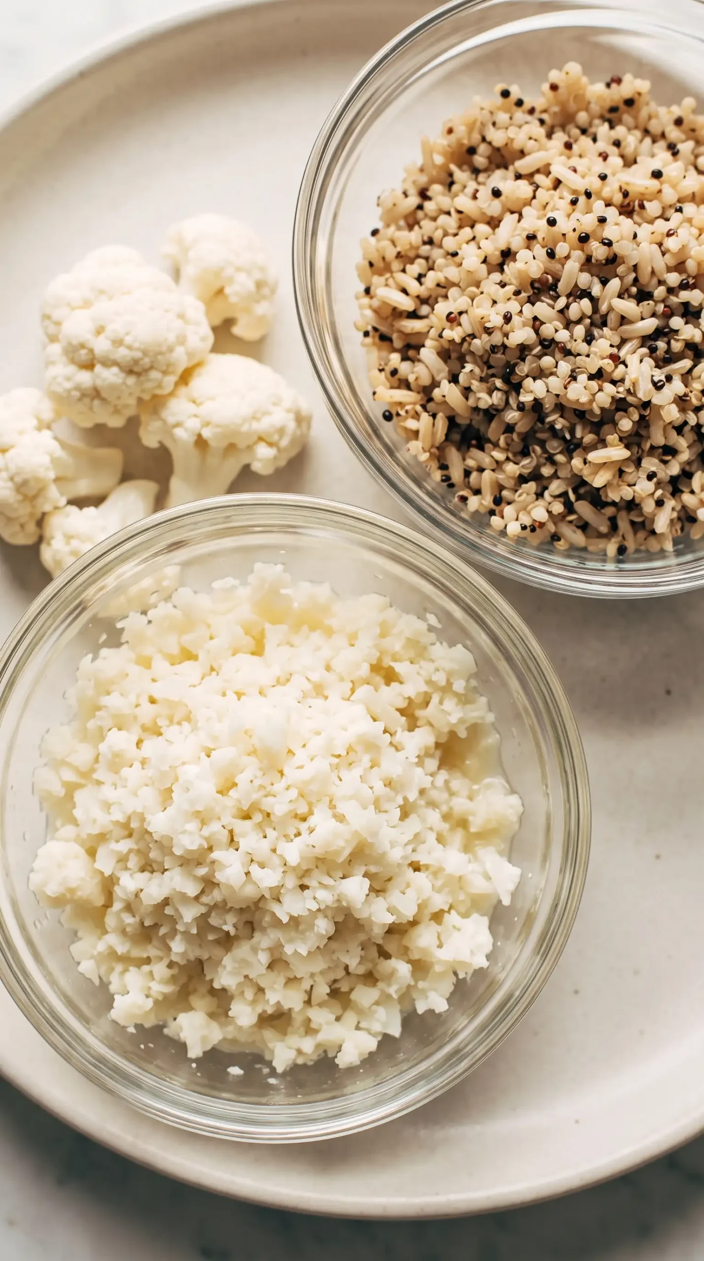 Cauliflower rice, quinoa, and brown rice prepared for vegetarian meatballs