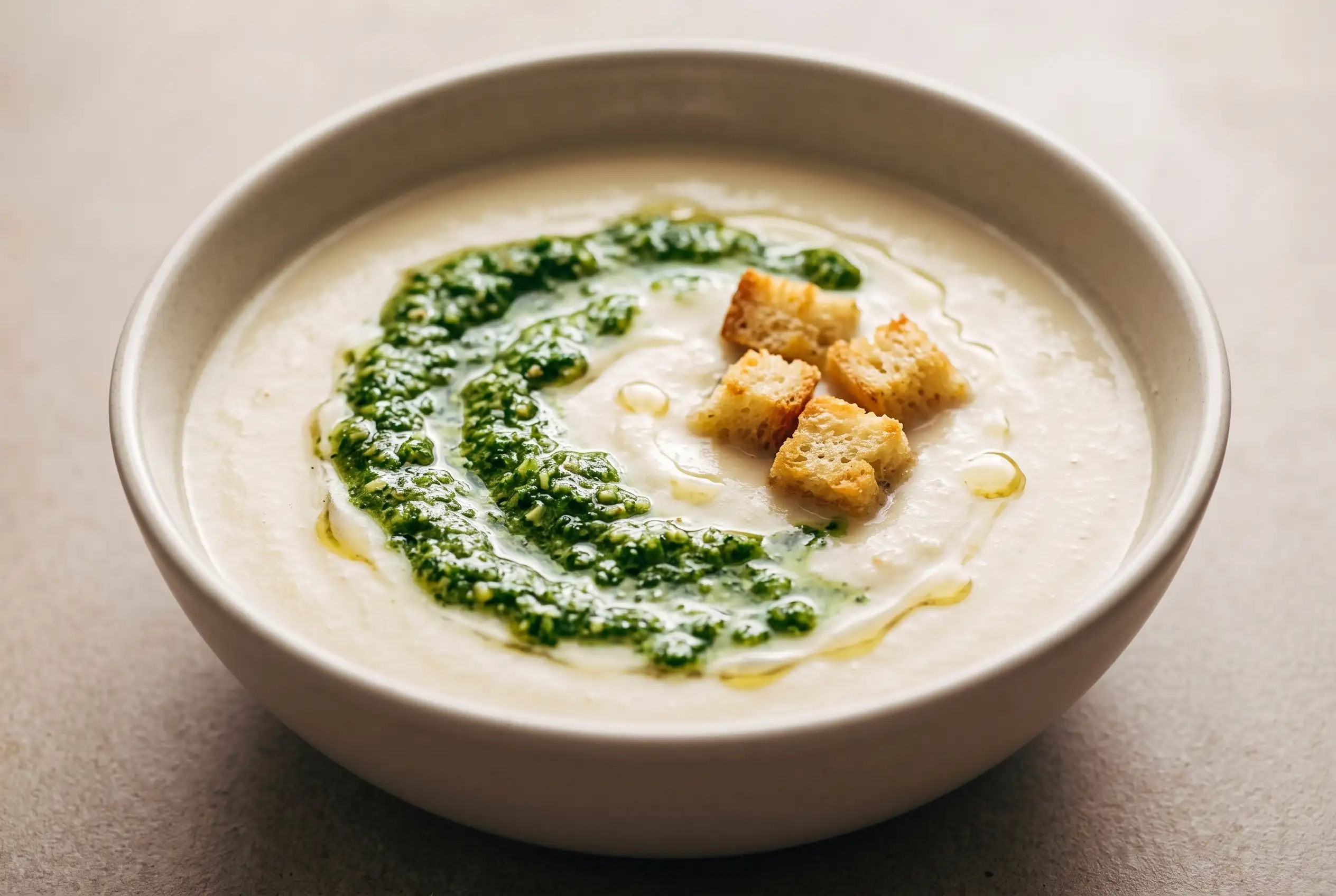 Bowl of creamy cauliflower soup topped with kale pesto, truffle oil, and golden croutons