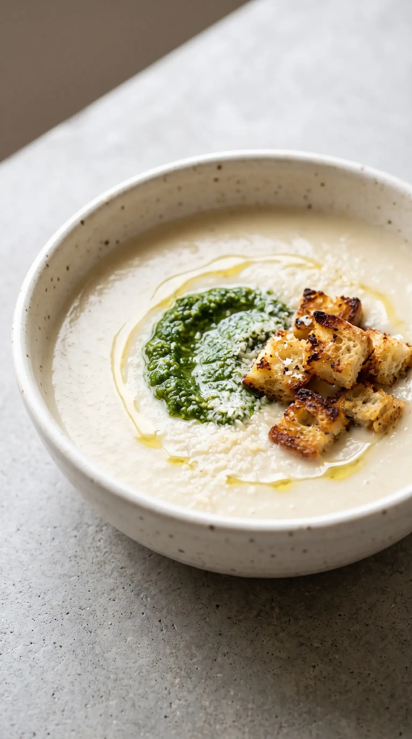 Serving of cauliflower soup topped with kale pesto, croutons, and a drizzle of truffle oil