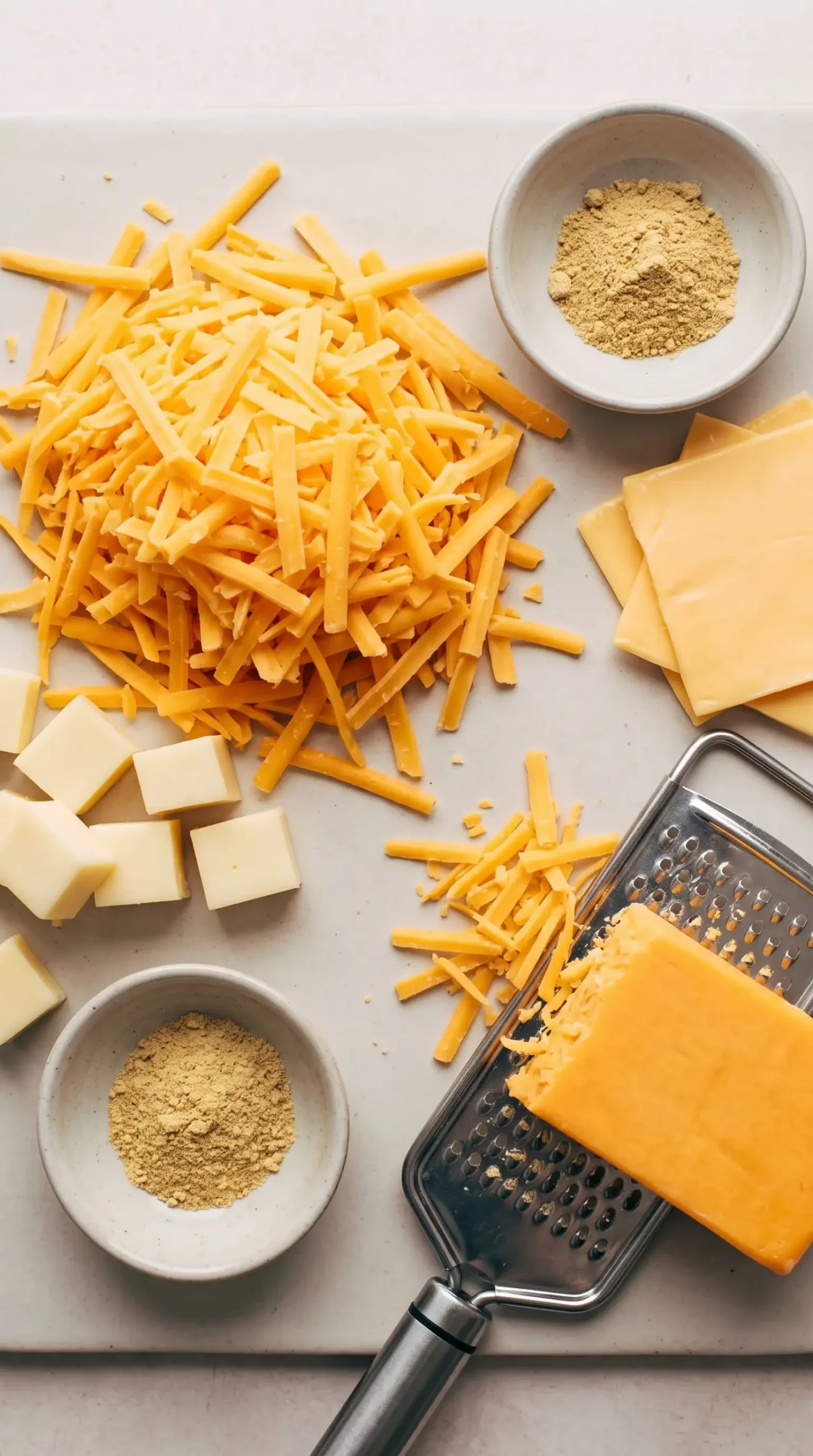 Grated cheddar, melting cheese, and ground mustard prepared for baked mac and cheese
